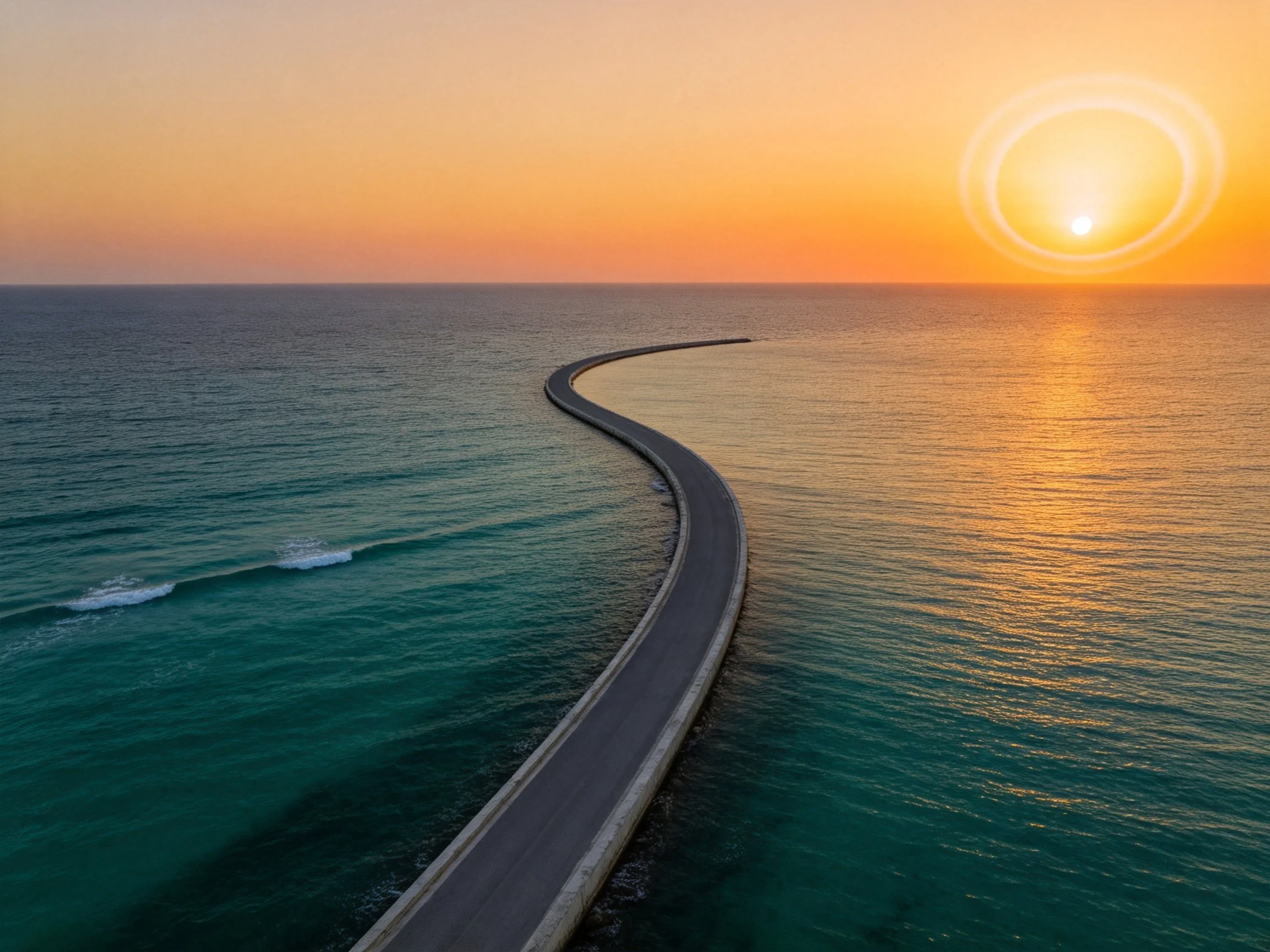 A winding coastal road stretches into turquoise waters at golden sunset