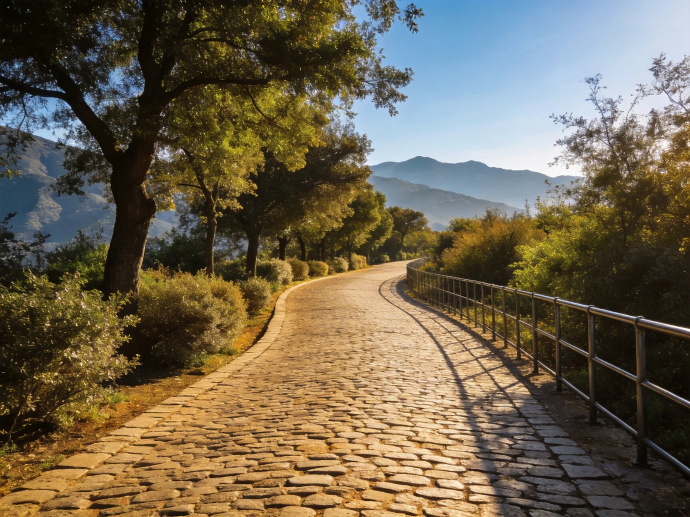 A winding cobblestone path lined with lush greenery under bright sunlight