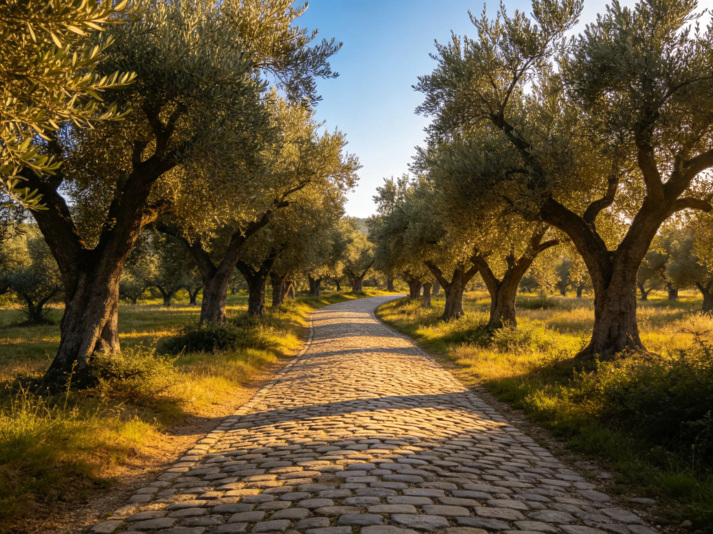 A winding cobblestone path through golden olive groves under clear blue sky