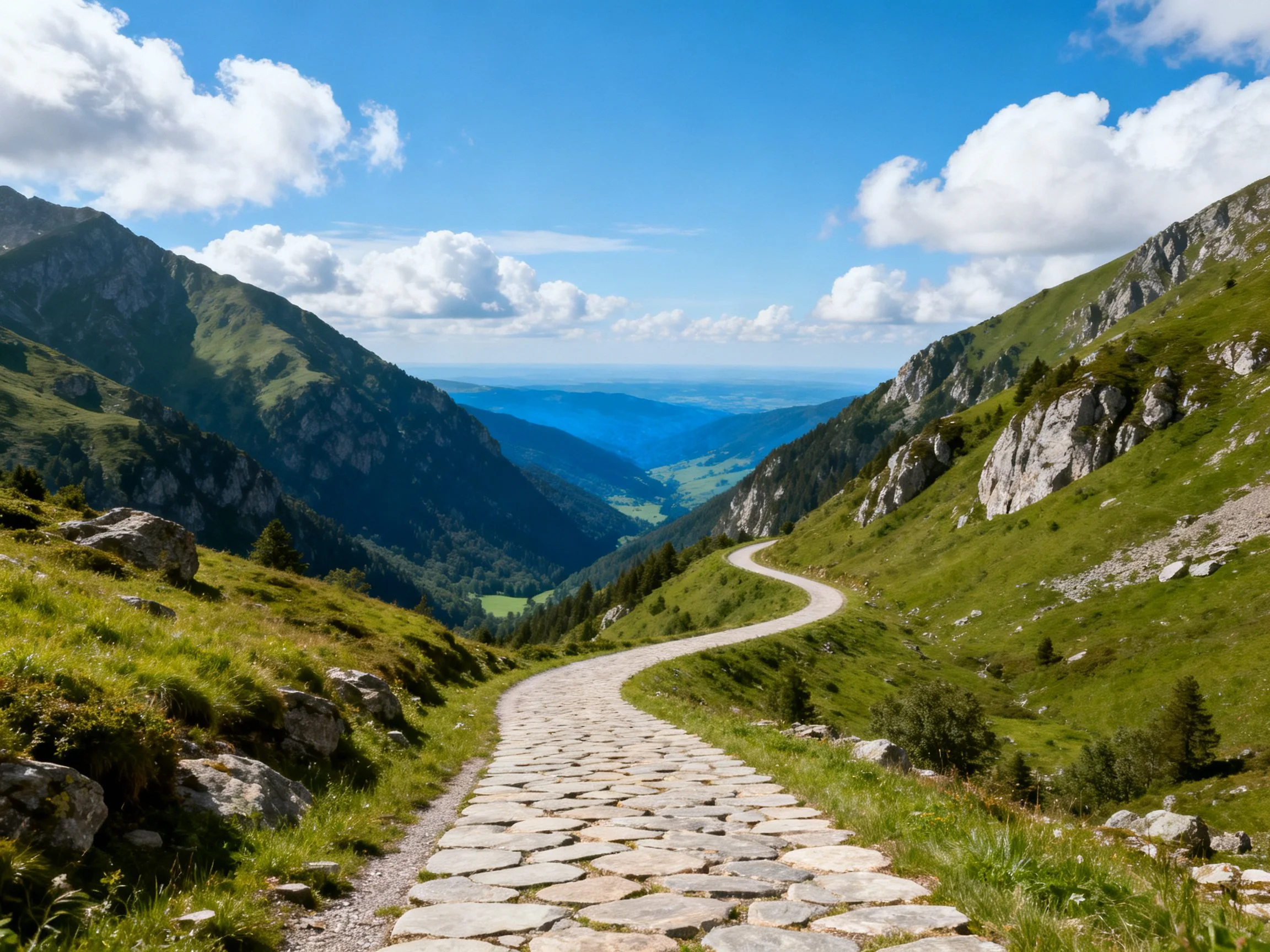 A winding cobblestone path through lush green mountain valleys