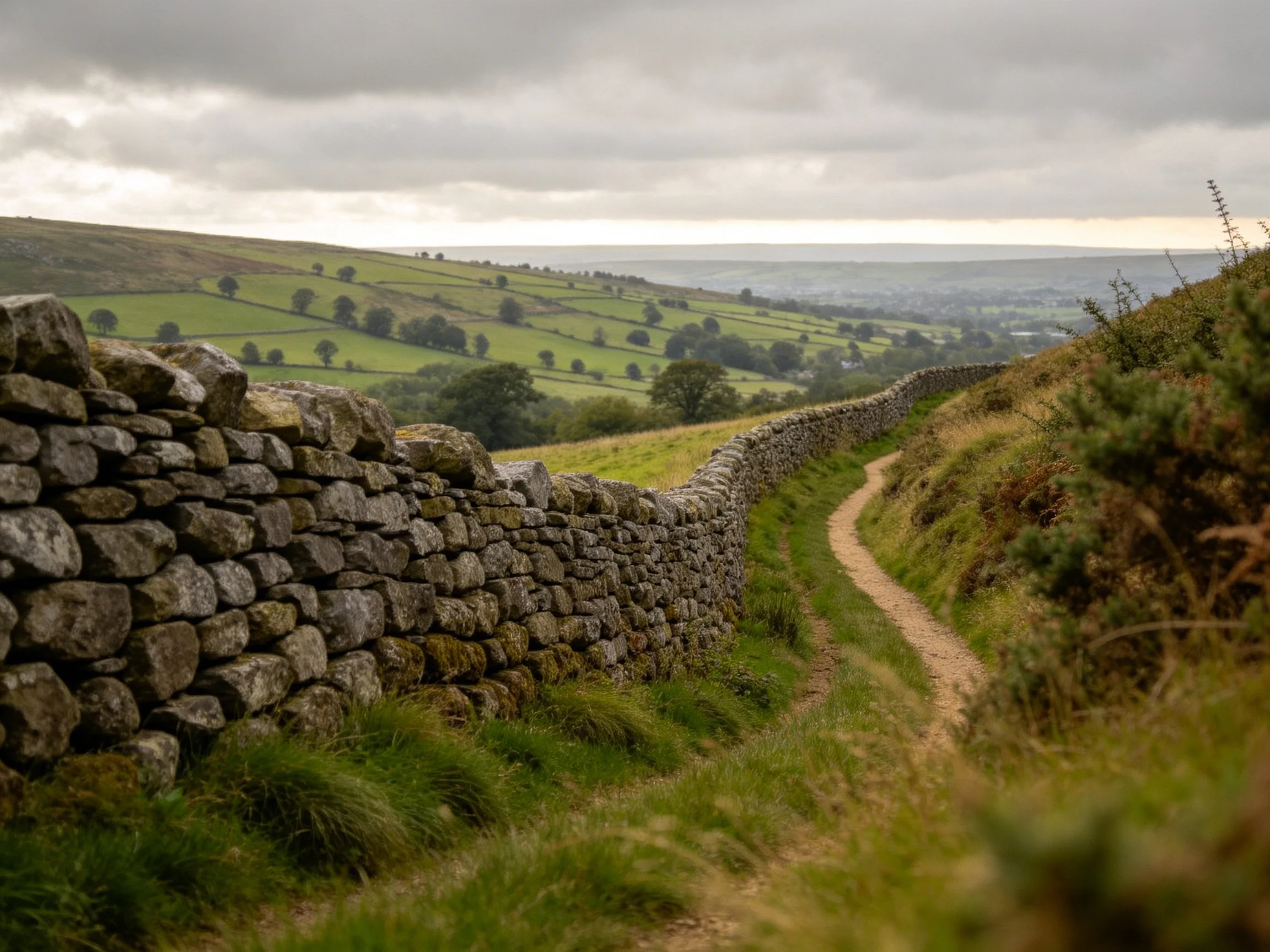 A winding dirt path alongside ancient stone walls through rolling green countryside