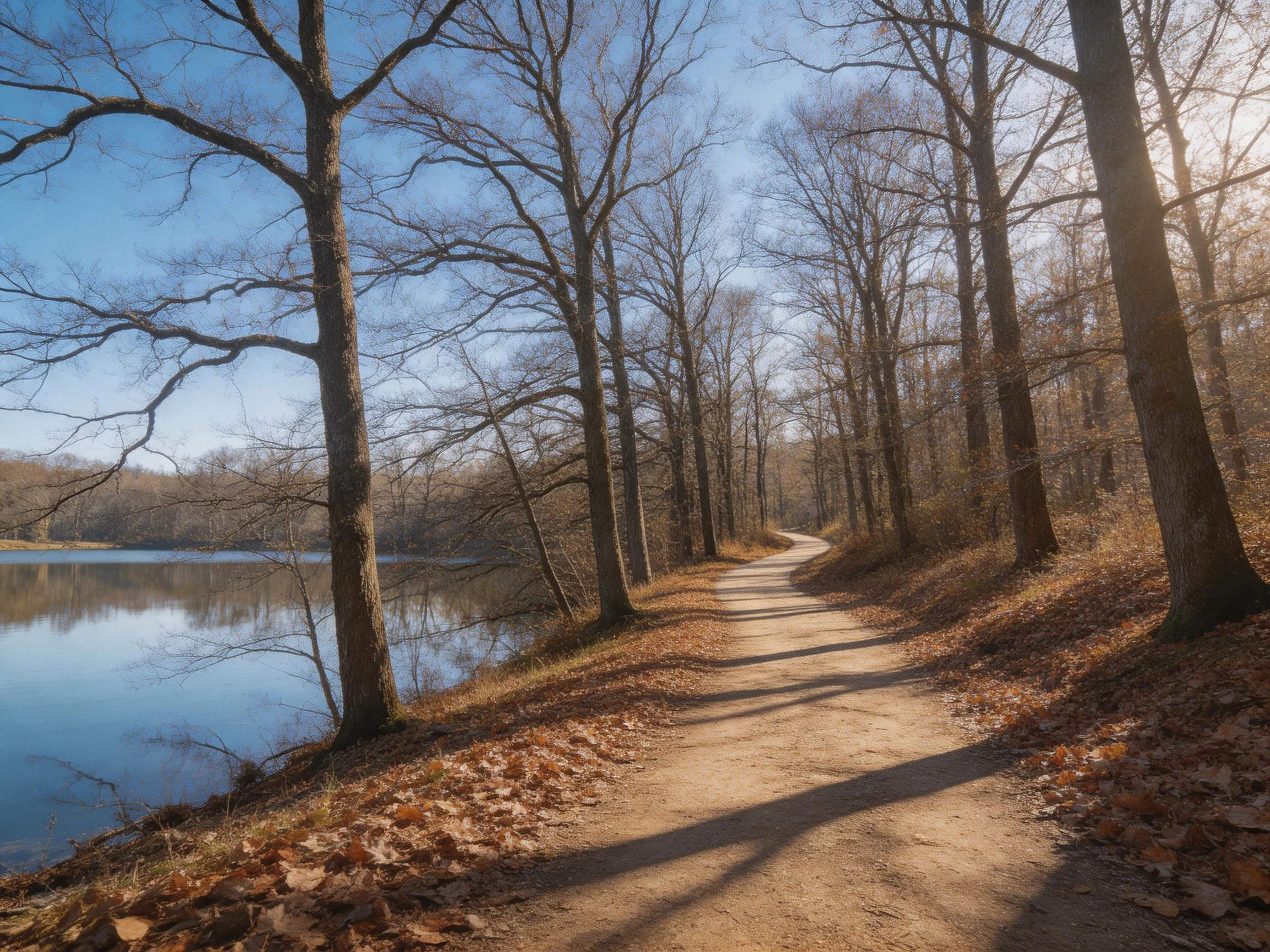 A winding dirt path beside a calm lake with bare trees