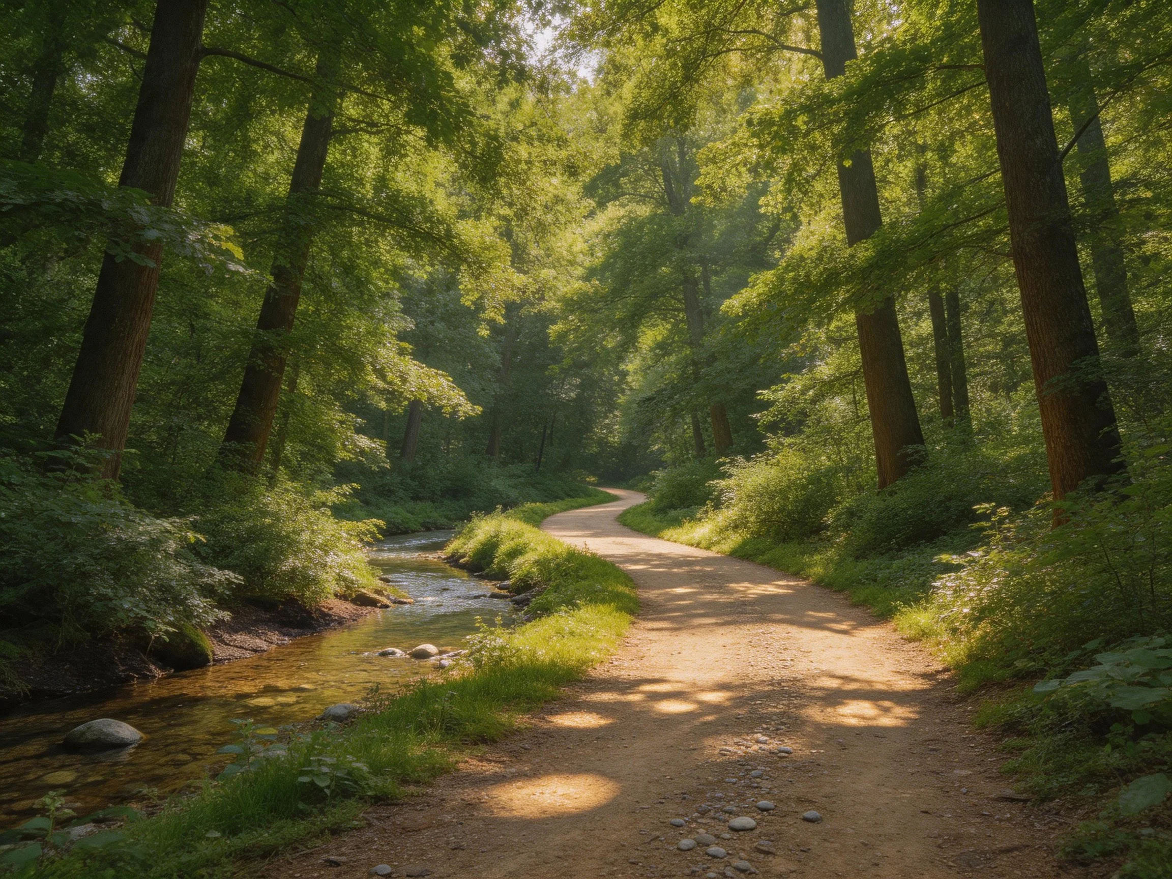 A winding dirt path beside a clear stream in lush green forest