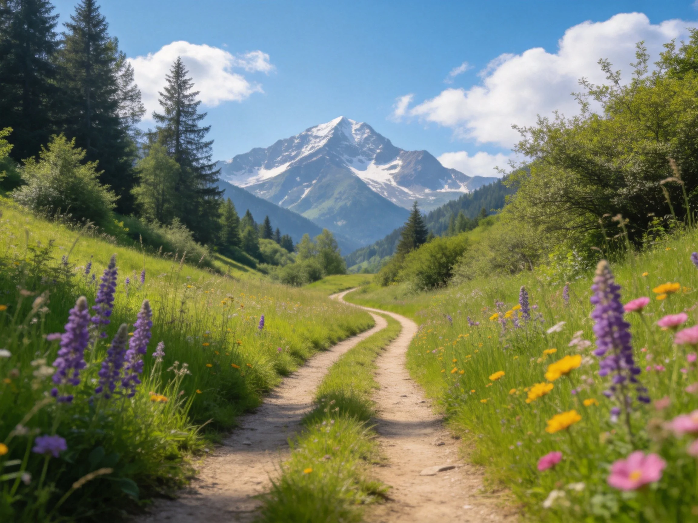 A winding dirt path leads toward snow-capped mountains