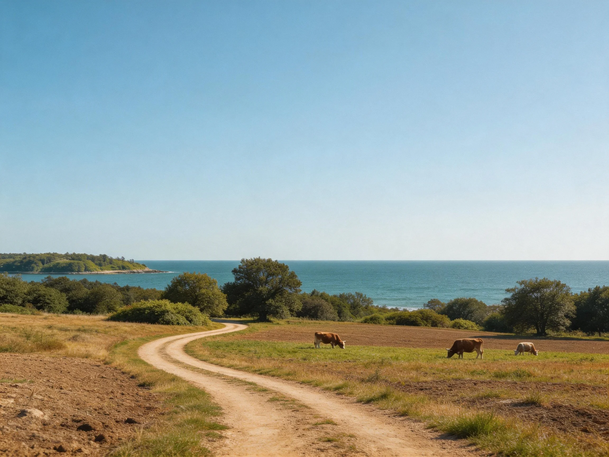 A winding dirt path near grazing cattle overlooks the calm blue sea