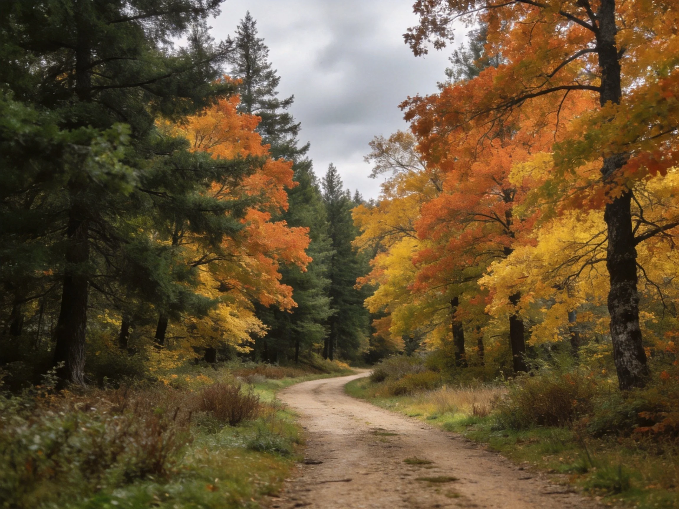 A winding dirt path surrounded by vibrant autumn trees