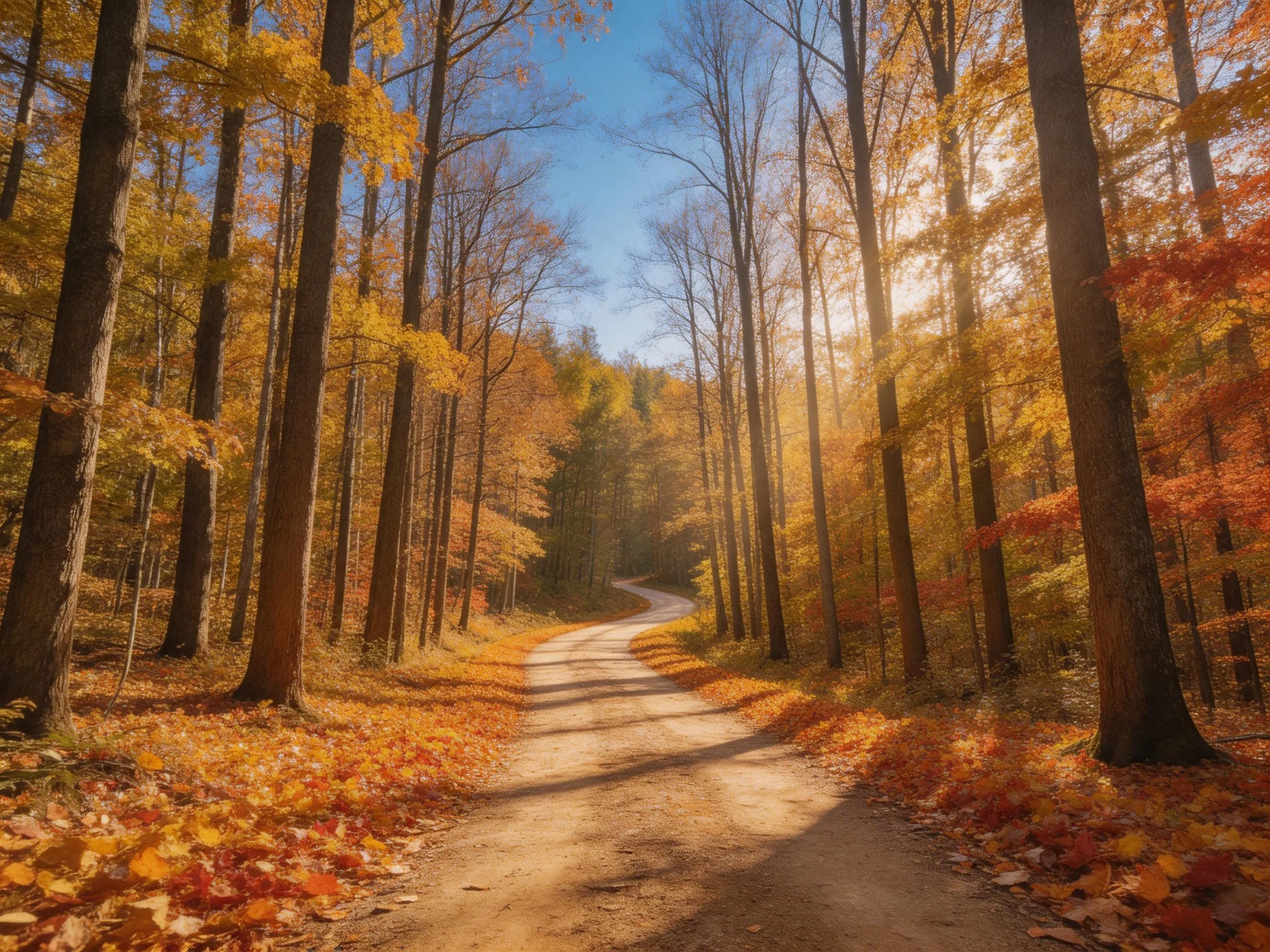 A winding dirt path through an autumn forest with golden and red foliage
