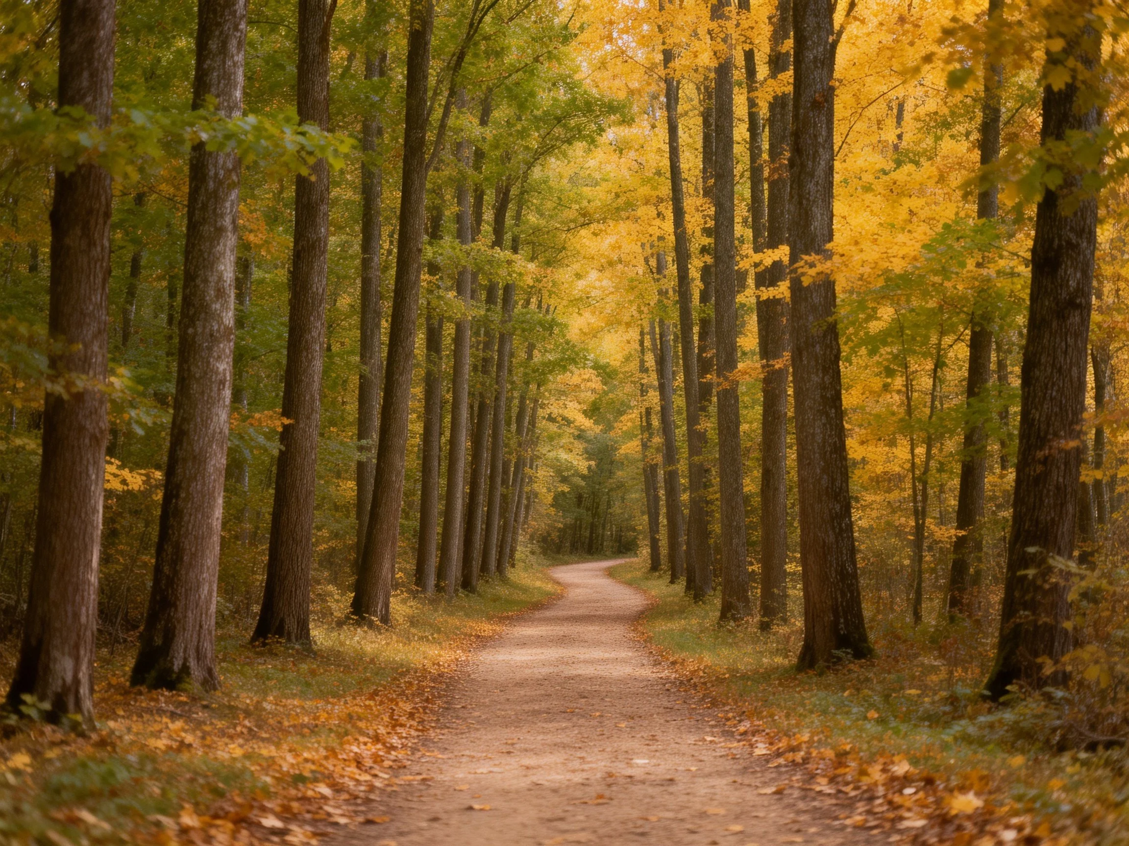 A winding dirt path through autumn forest trees