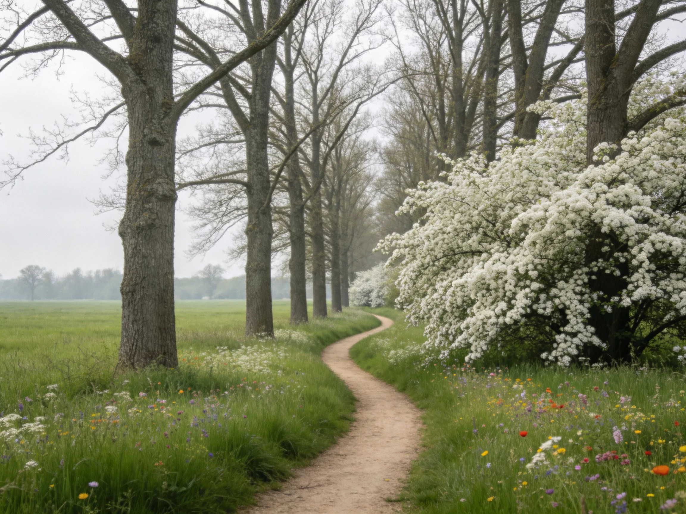 A winding dirt path through blooming trees and wildflowers