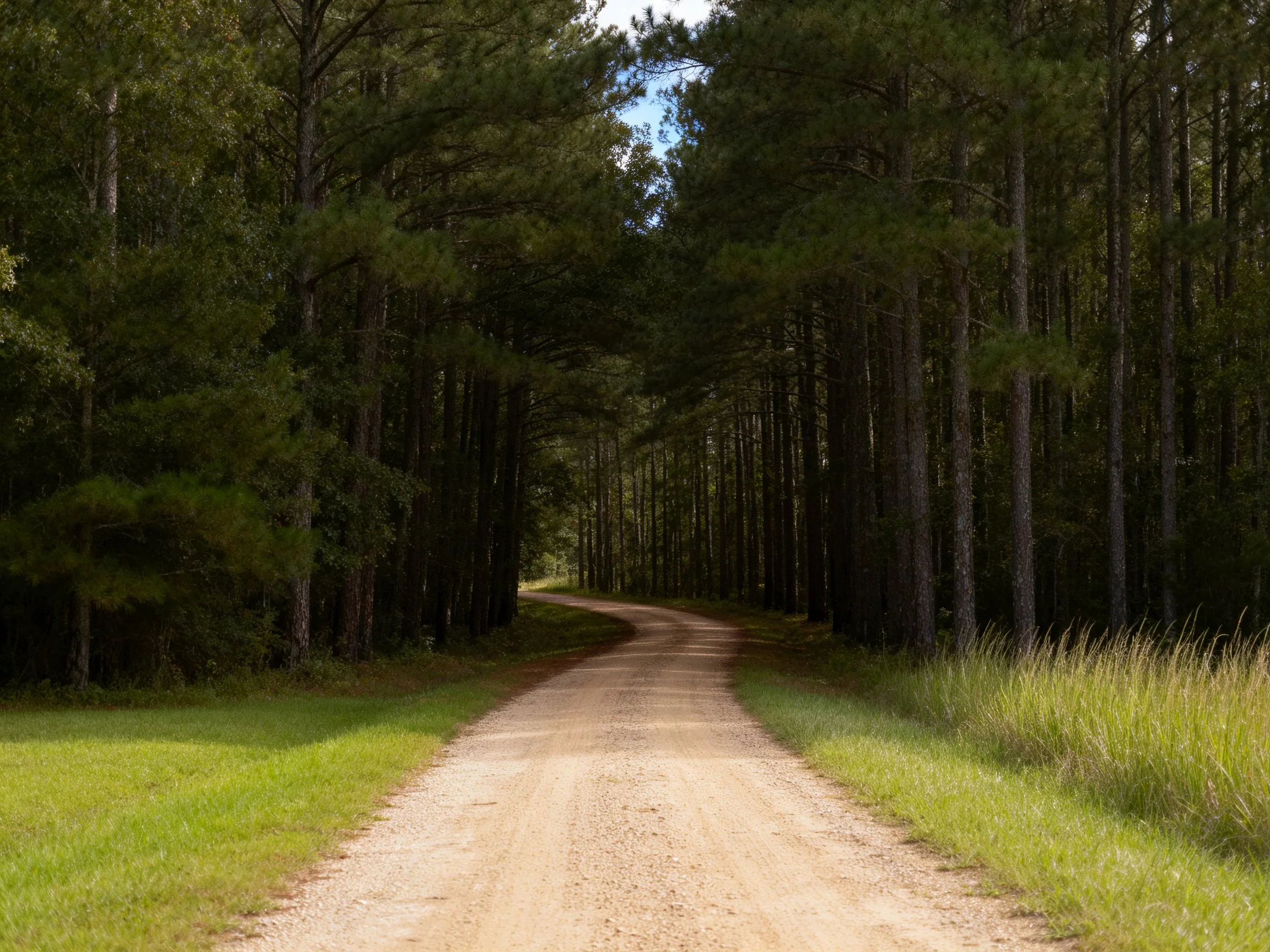A winding dirt path through dense pine forests with lush greenery