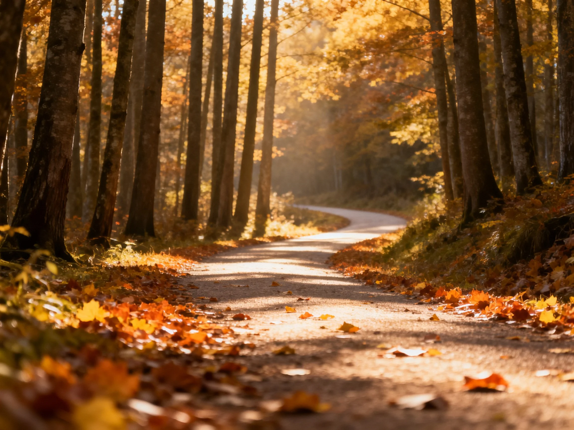 A winding dirt path through golden autumn woods