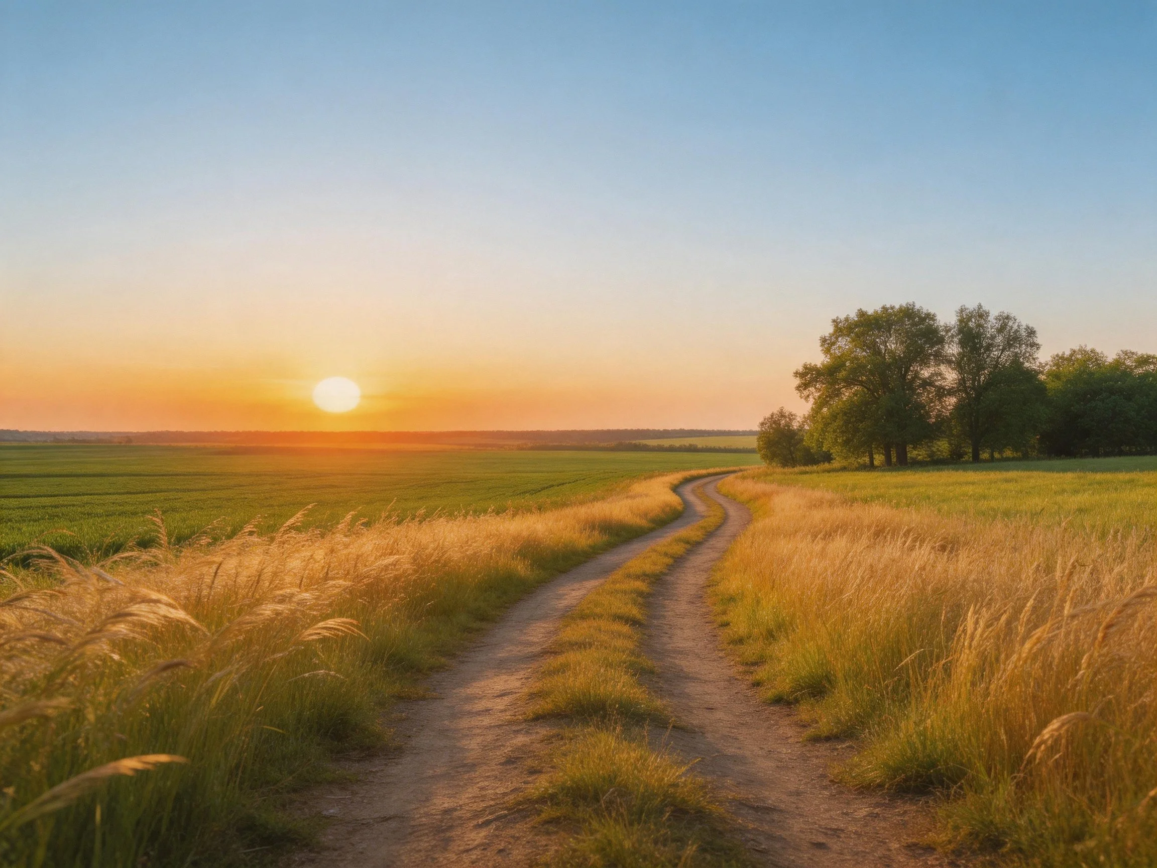 A winding dirt path through golden fields at sunset