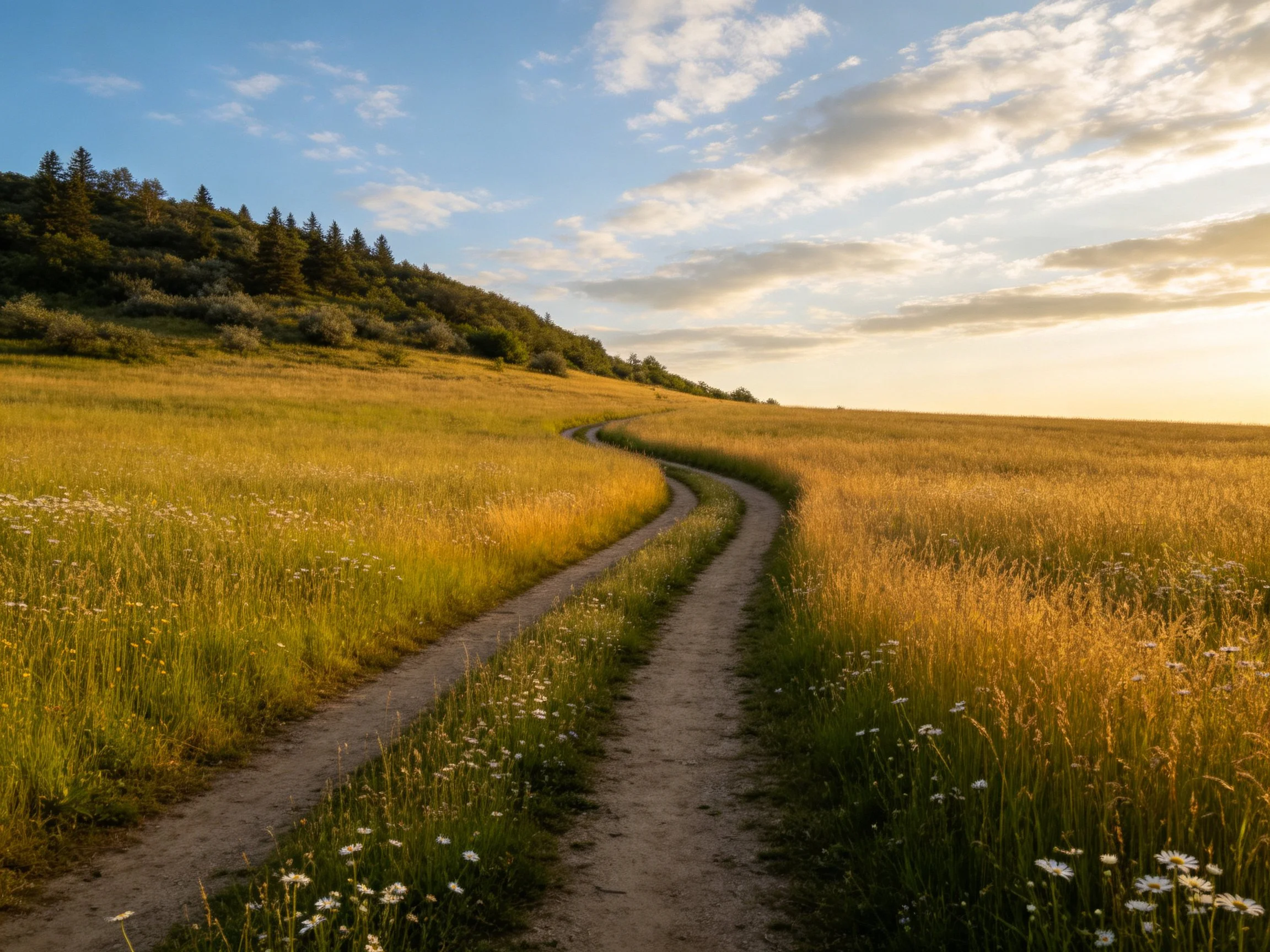 A winding dirt path through golden fields near forested hills
