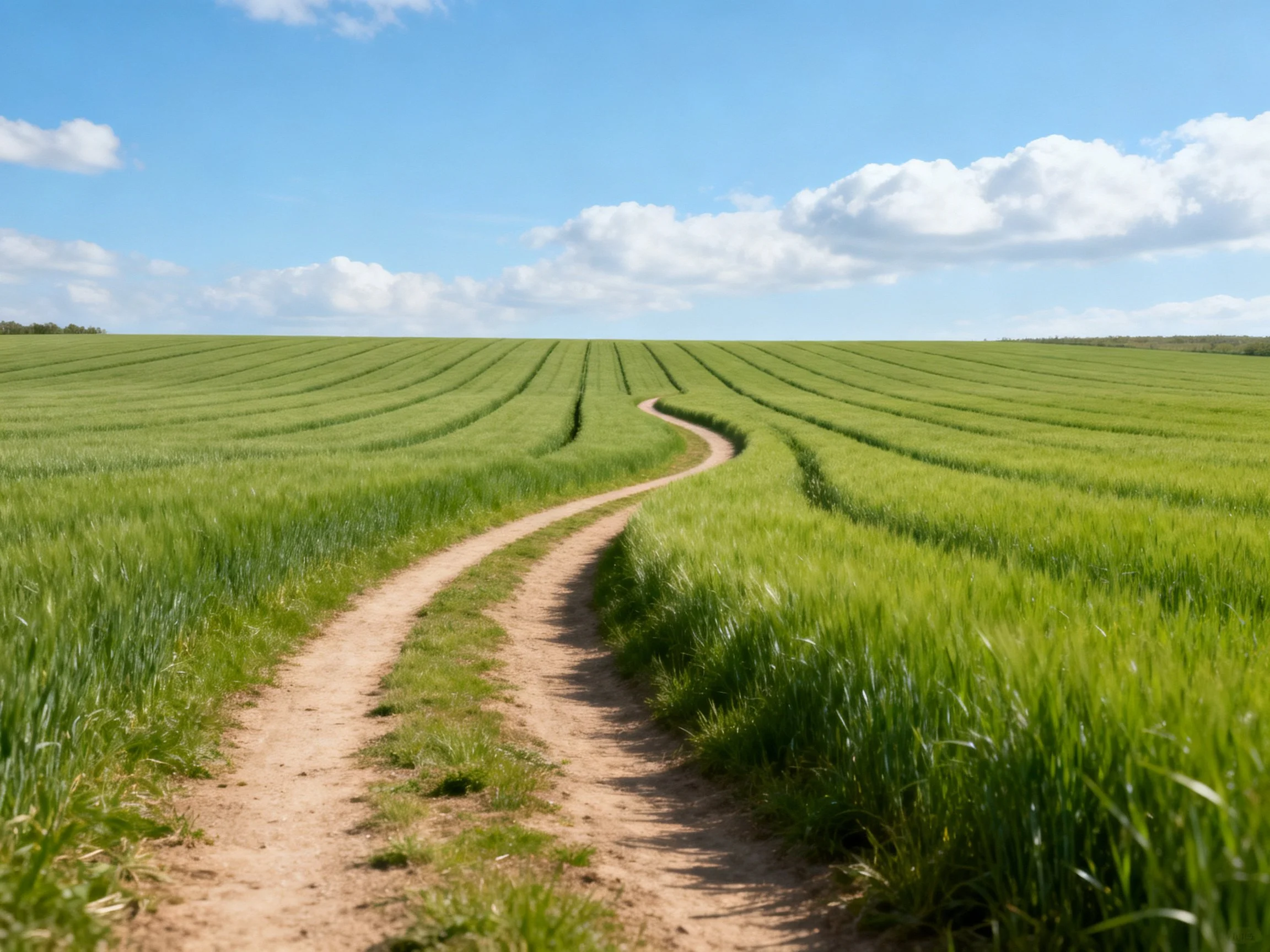 A winding dirt path through lush green agricultural fields under bright blue sky