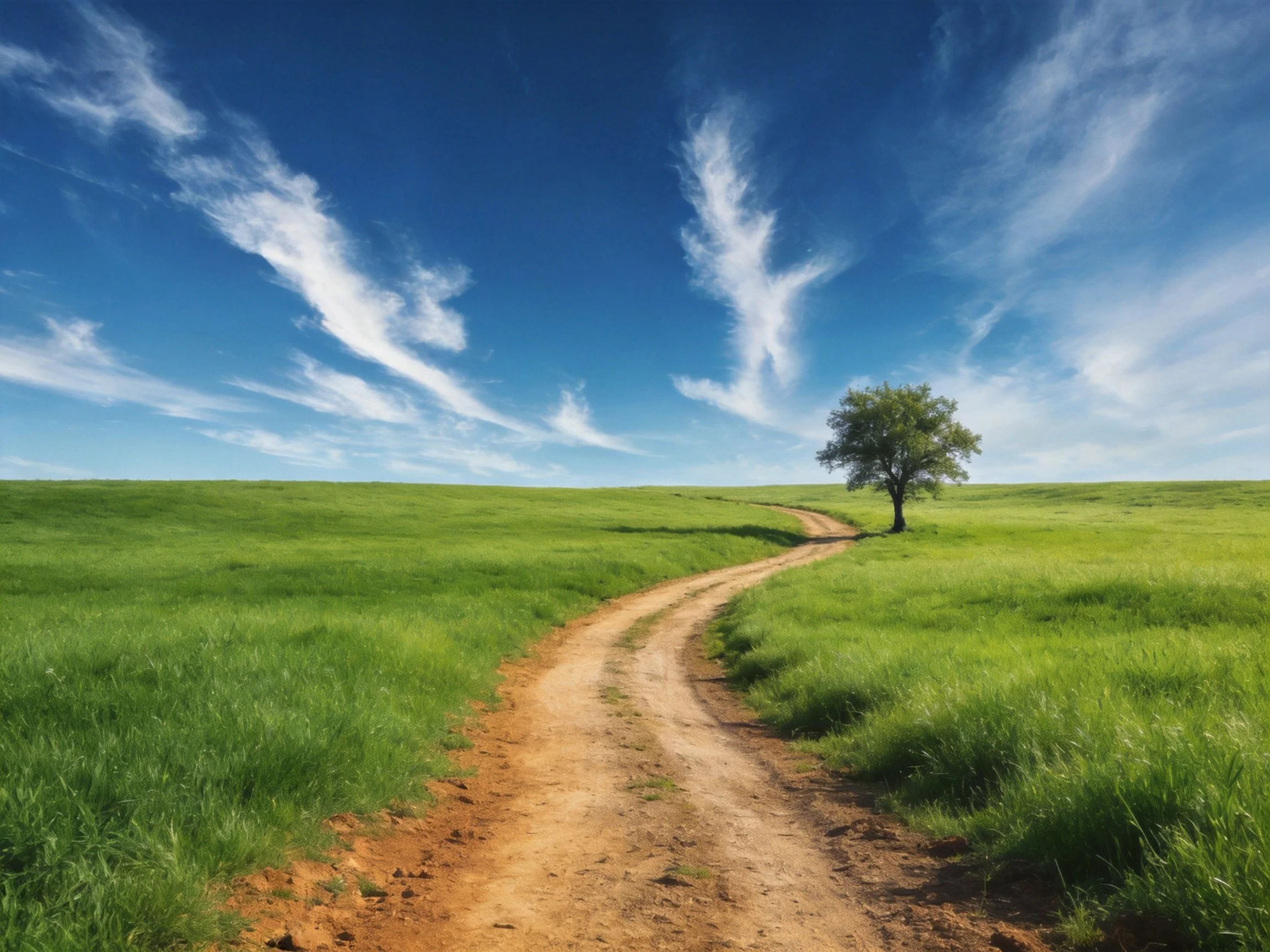 A winding dirt path through lush green fields under a bright blue sky
