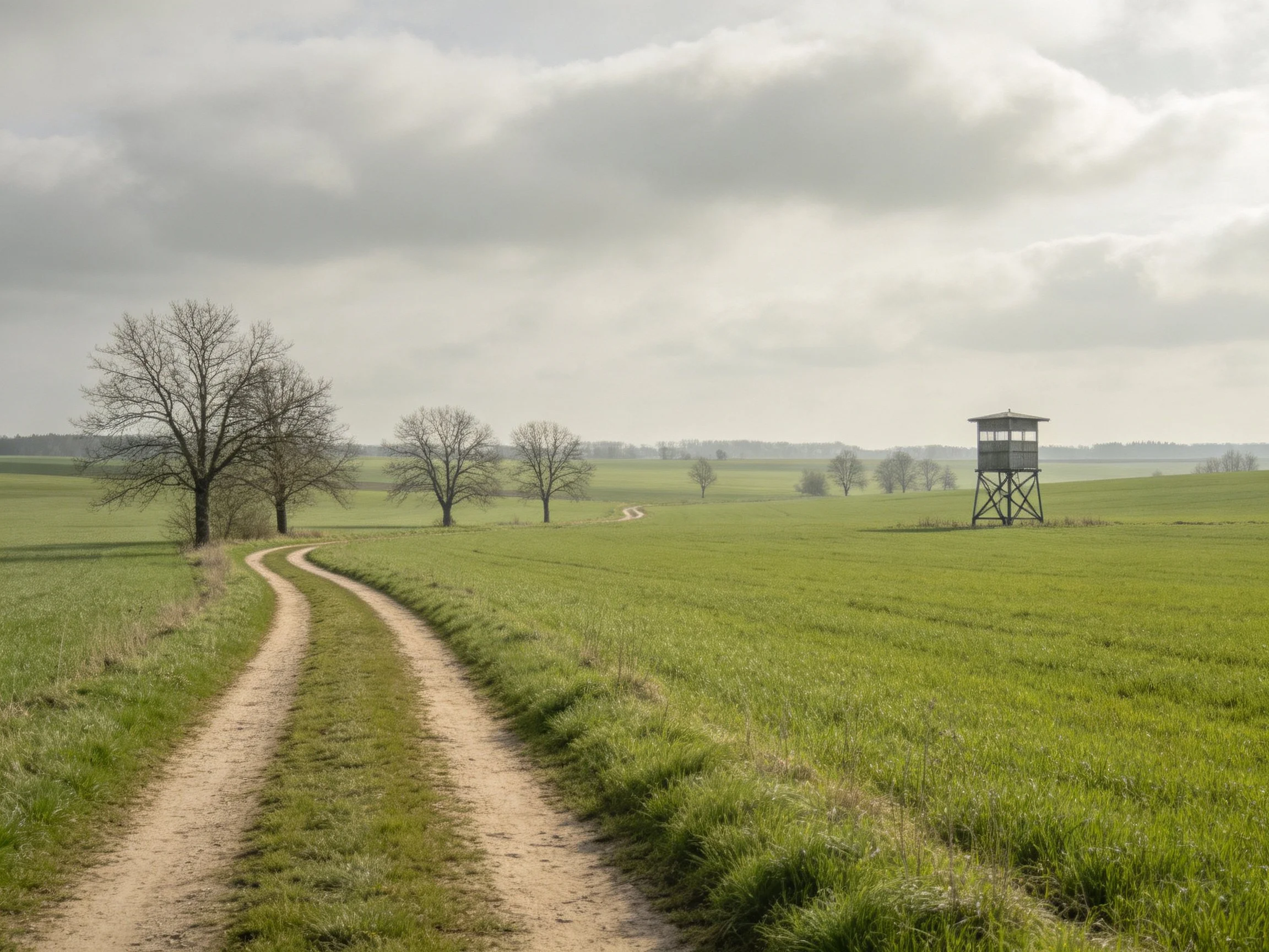 A winding dirt path through lush green fields with bare trees and an observation tower