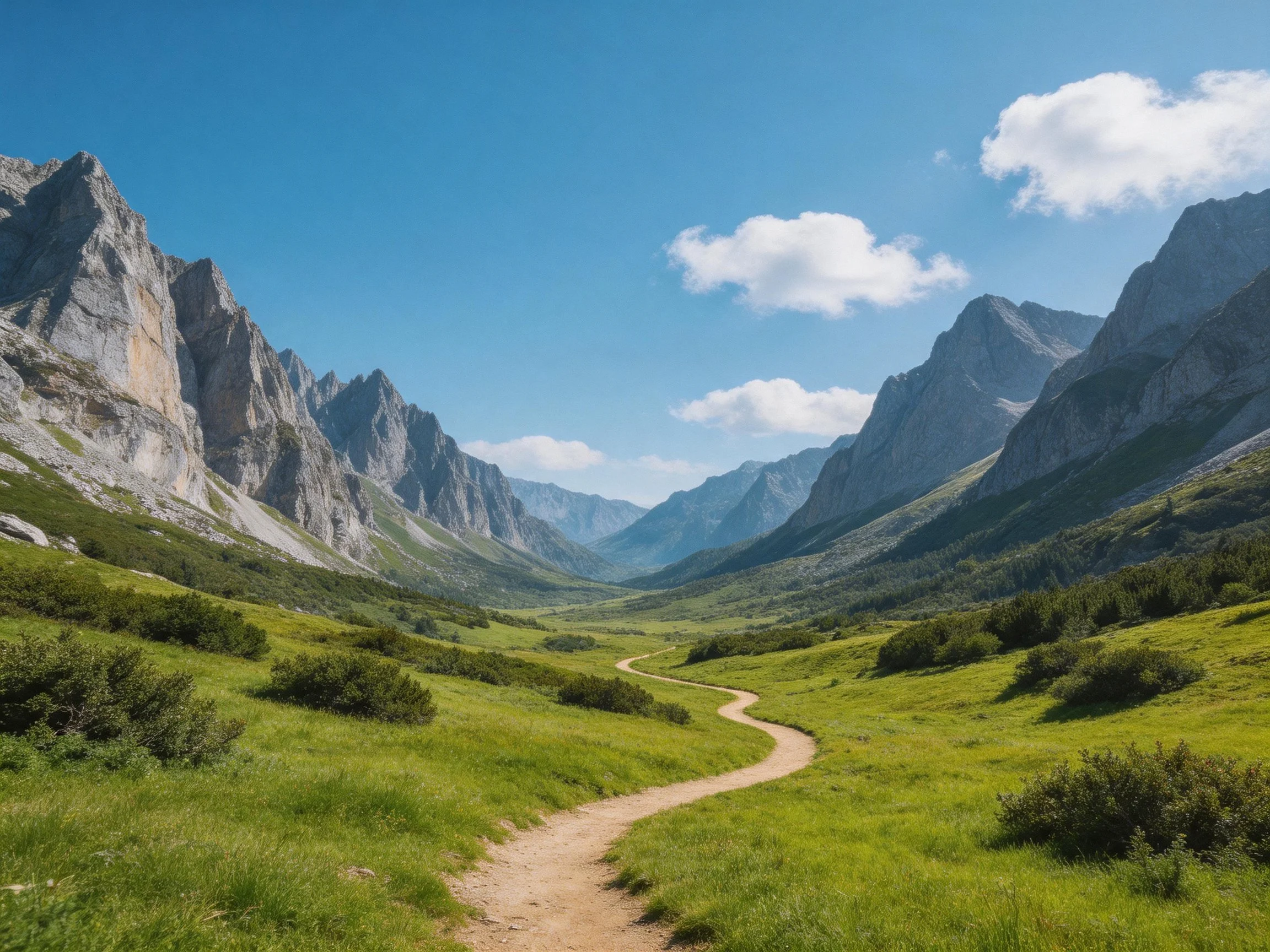 A winding dirt path through lush green valleys and towering rocky mountains