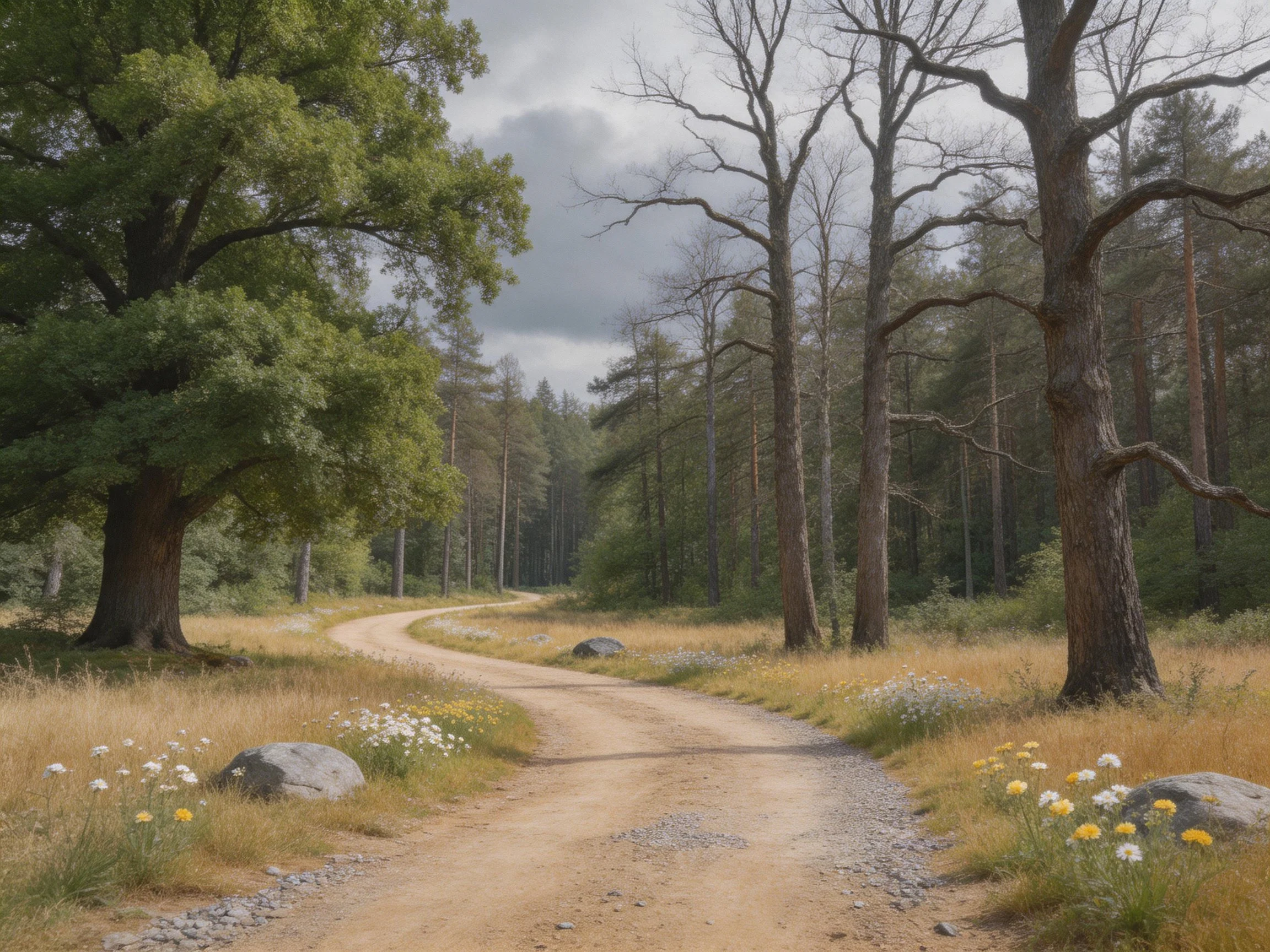A winding dirt path through lush greenery and tall trees