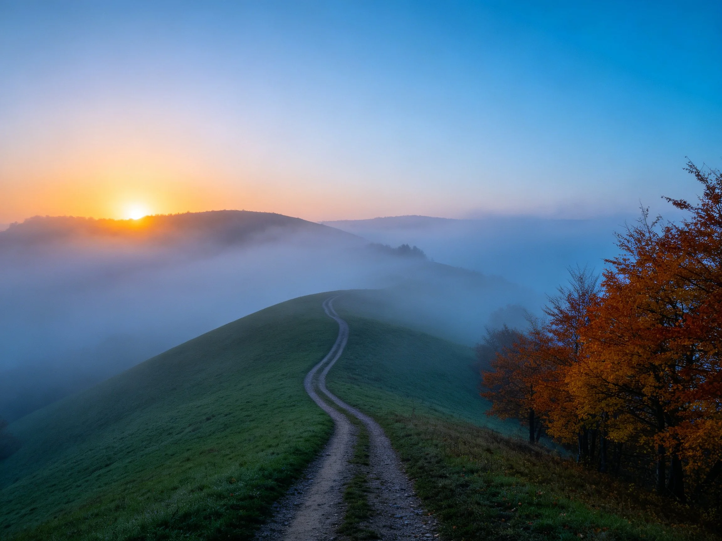 A winding dirt path through misty green hills at dawn