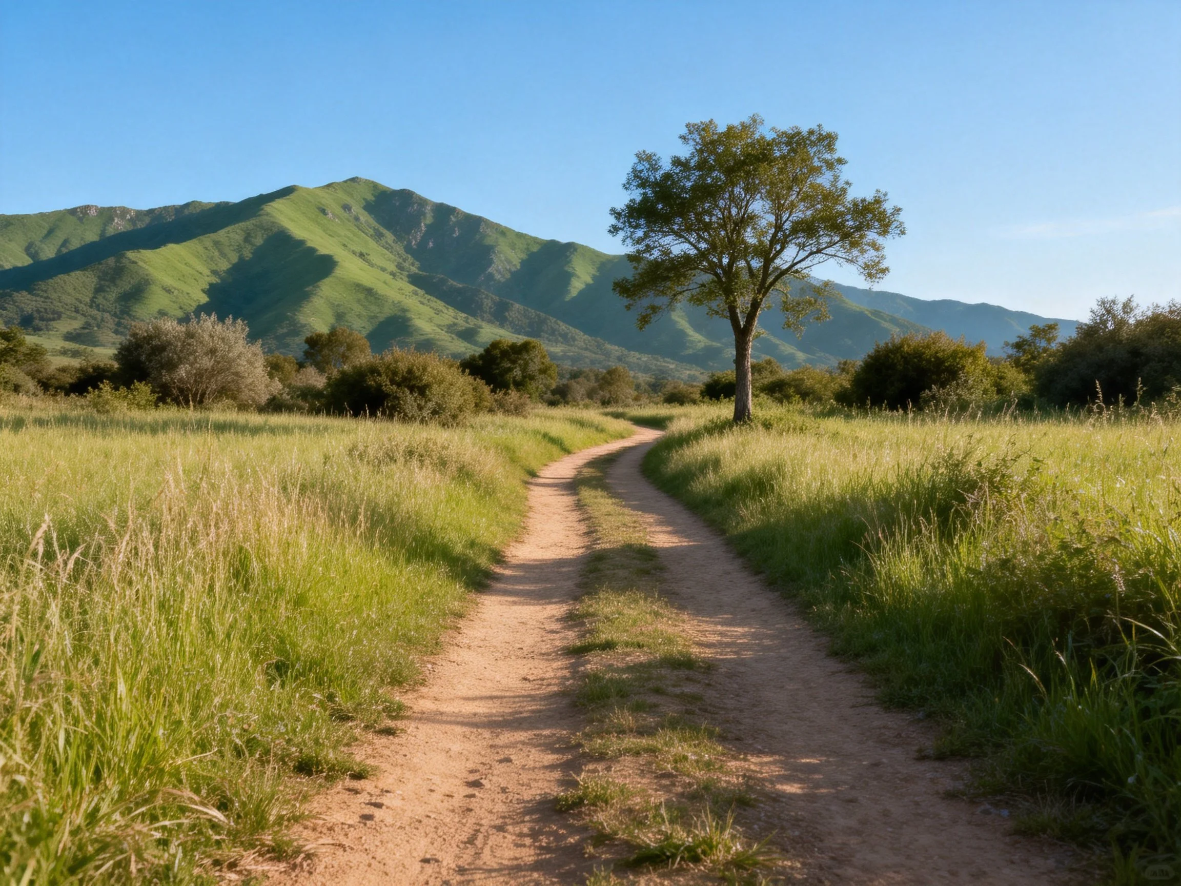 A winding dirt path through tall grass near lush green mountains and a lone tree