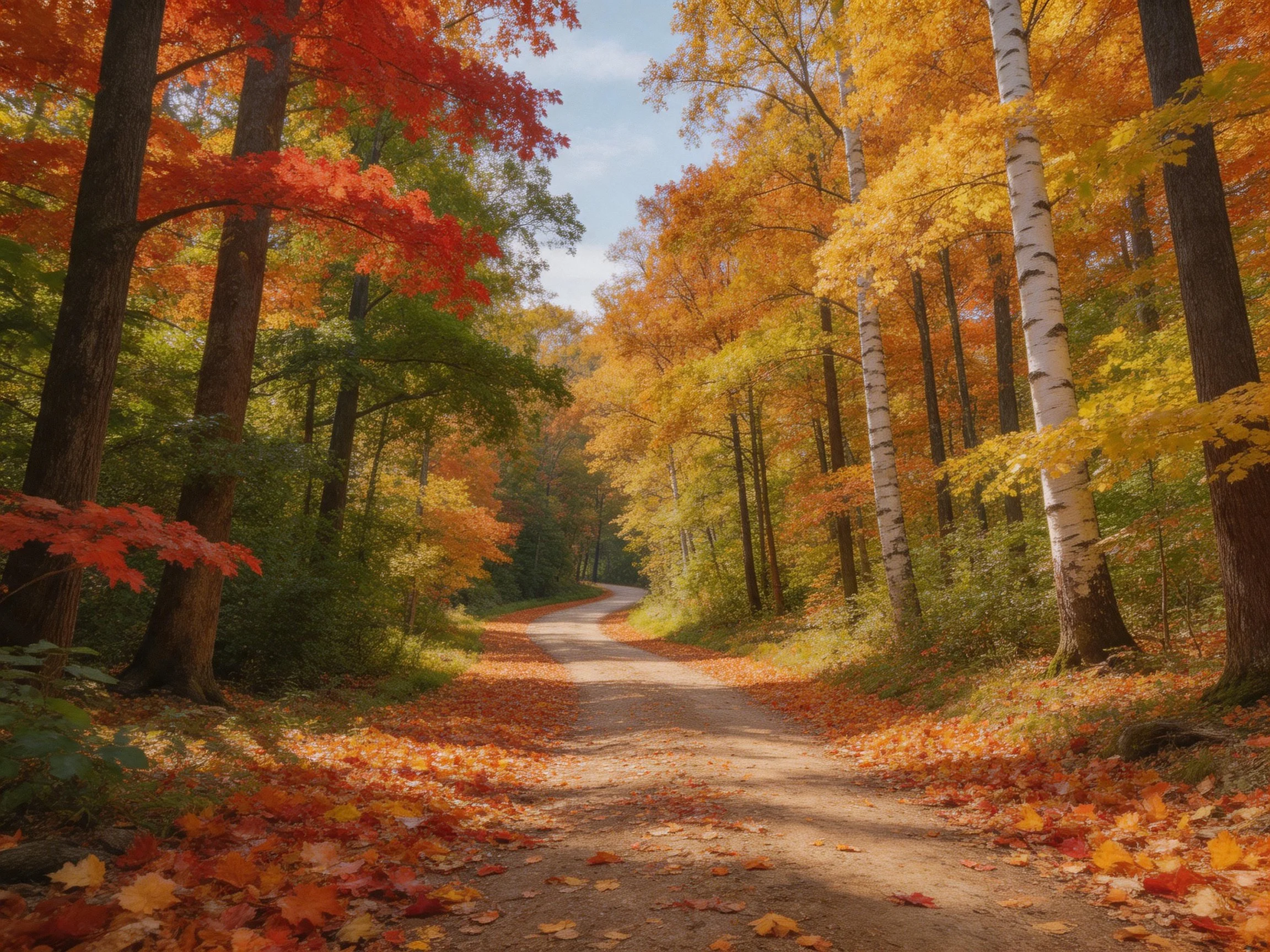 A winding dirt path through vibrant autumn forest