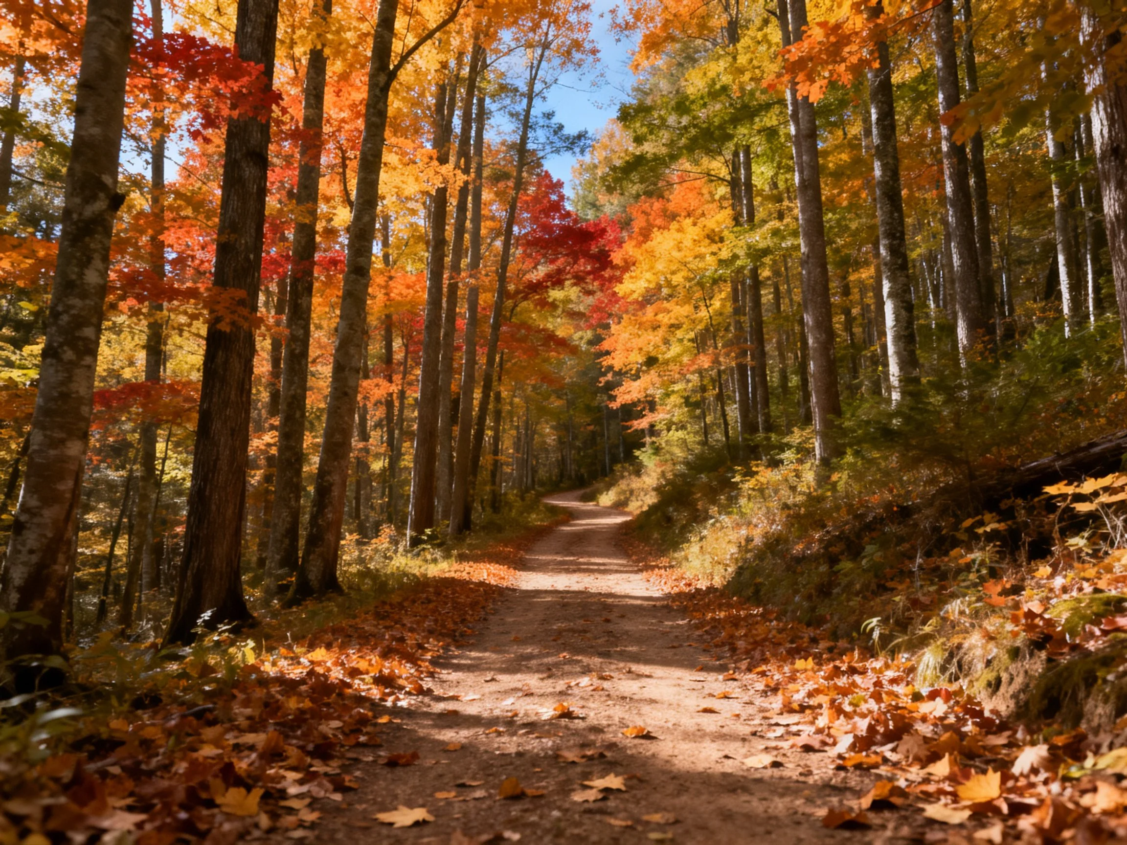A winding dirt path through vibrant autumn forest with colorful foliage