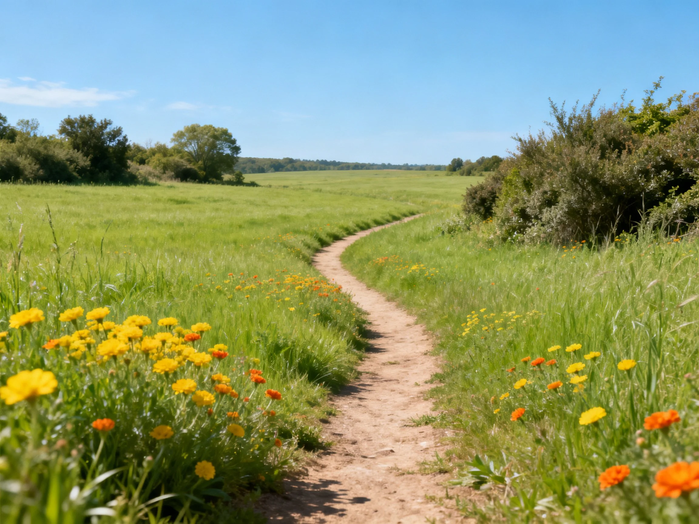 A winding dirt path through vibrant flower-filled meadow