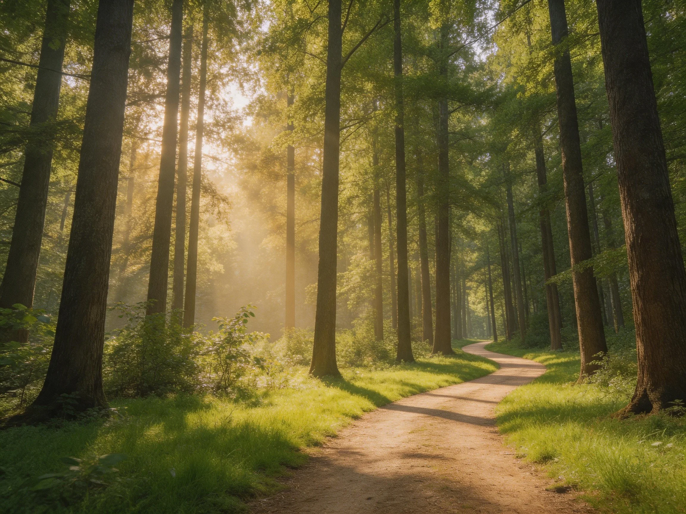 A winding dirt path winds through a sunlit forest of tall trees