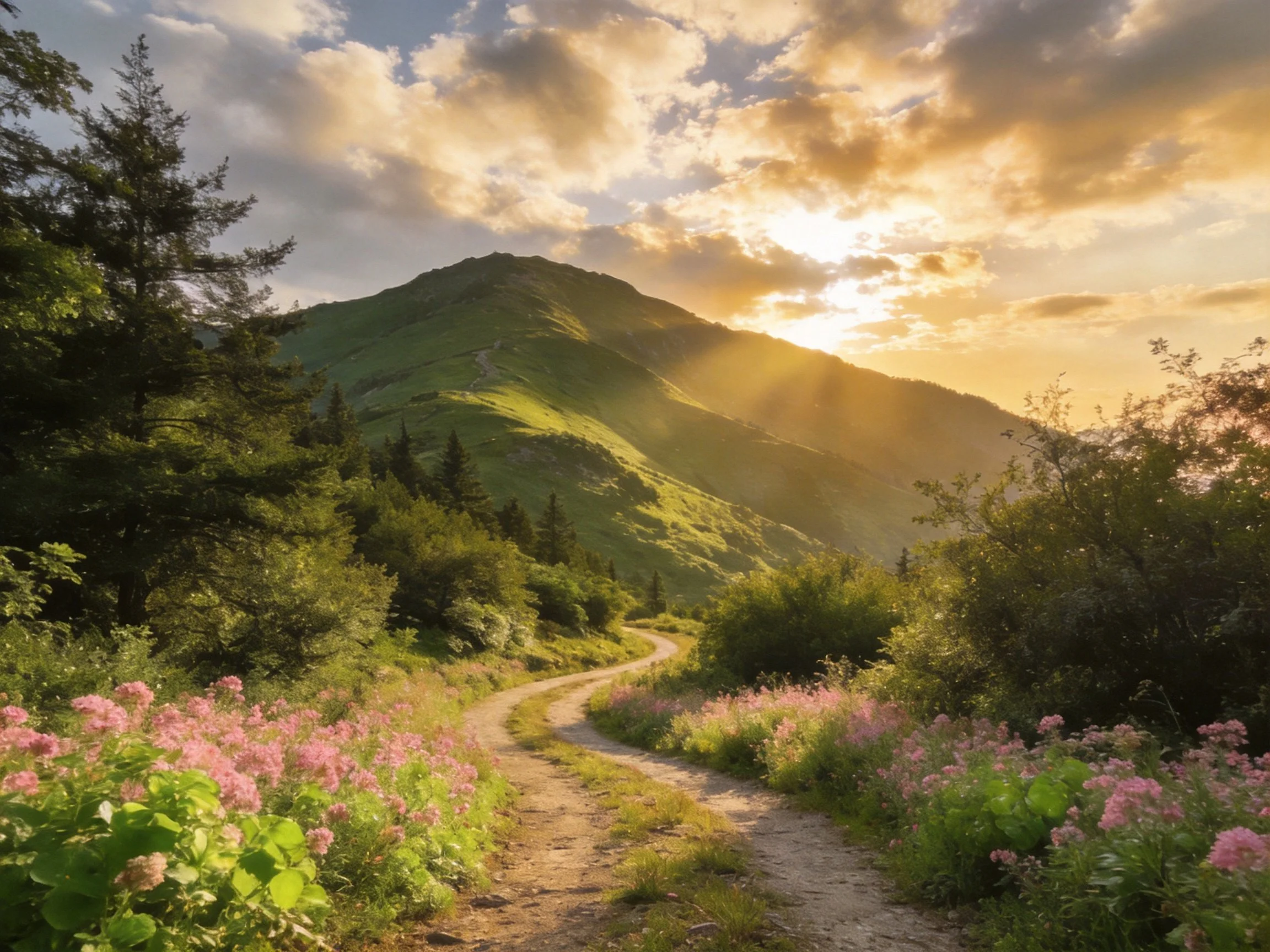 A winding dirt path with pink wildflowers near a green mountain at sunset