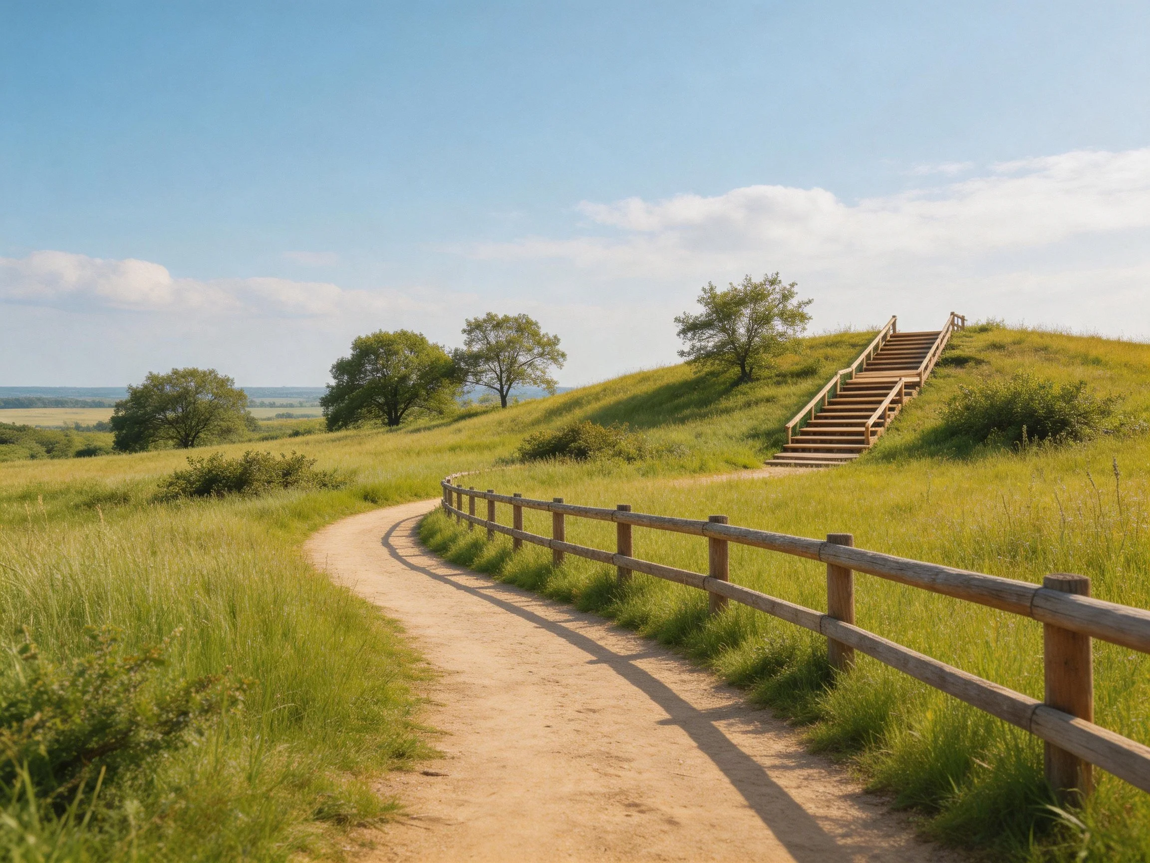 A winding dirt path with wooden fence near grassy hilltop stairs
