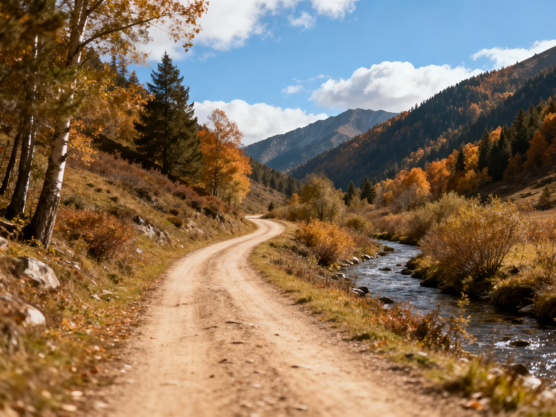 A winding dirt road beside a clear stream with autumn-colored trees