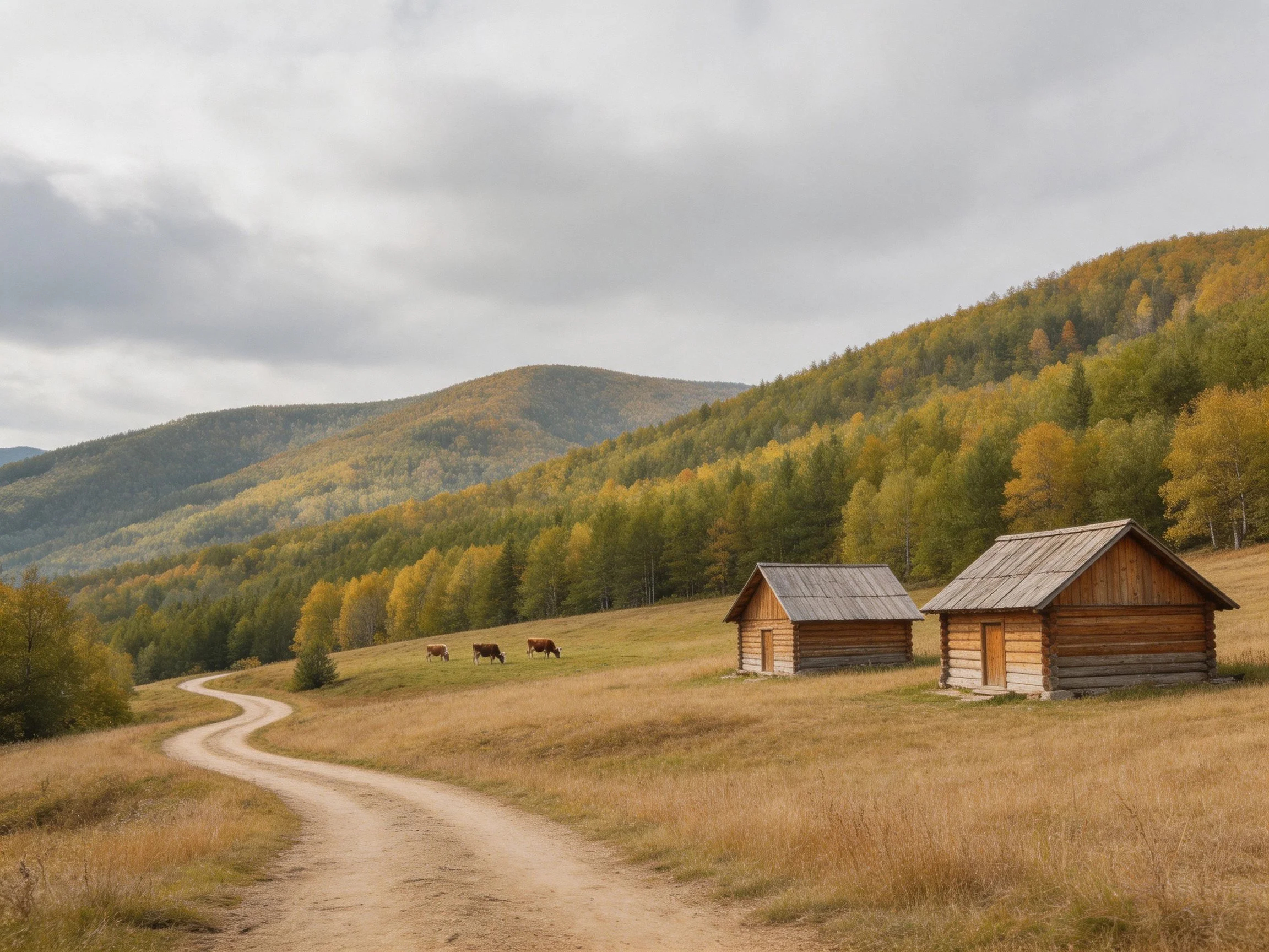 A winding dirt road leads past two wooden cabins with forested hills and grazing cows