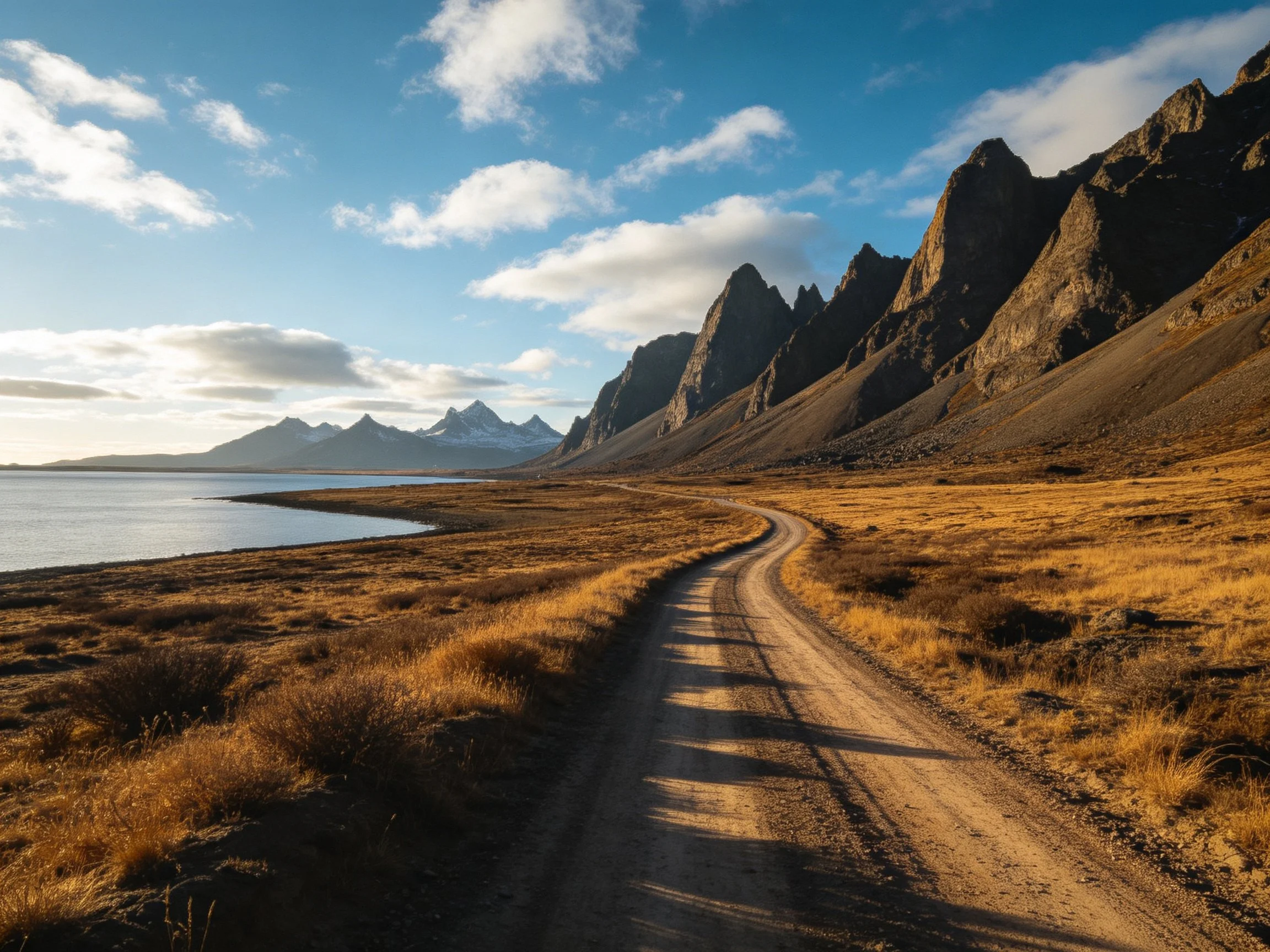A winding dirt road near jagged brown mountains by a calm blue lake