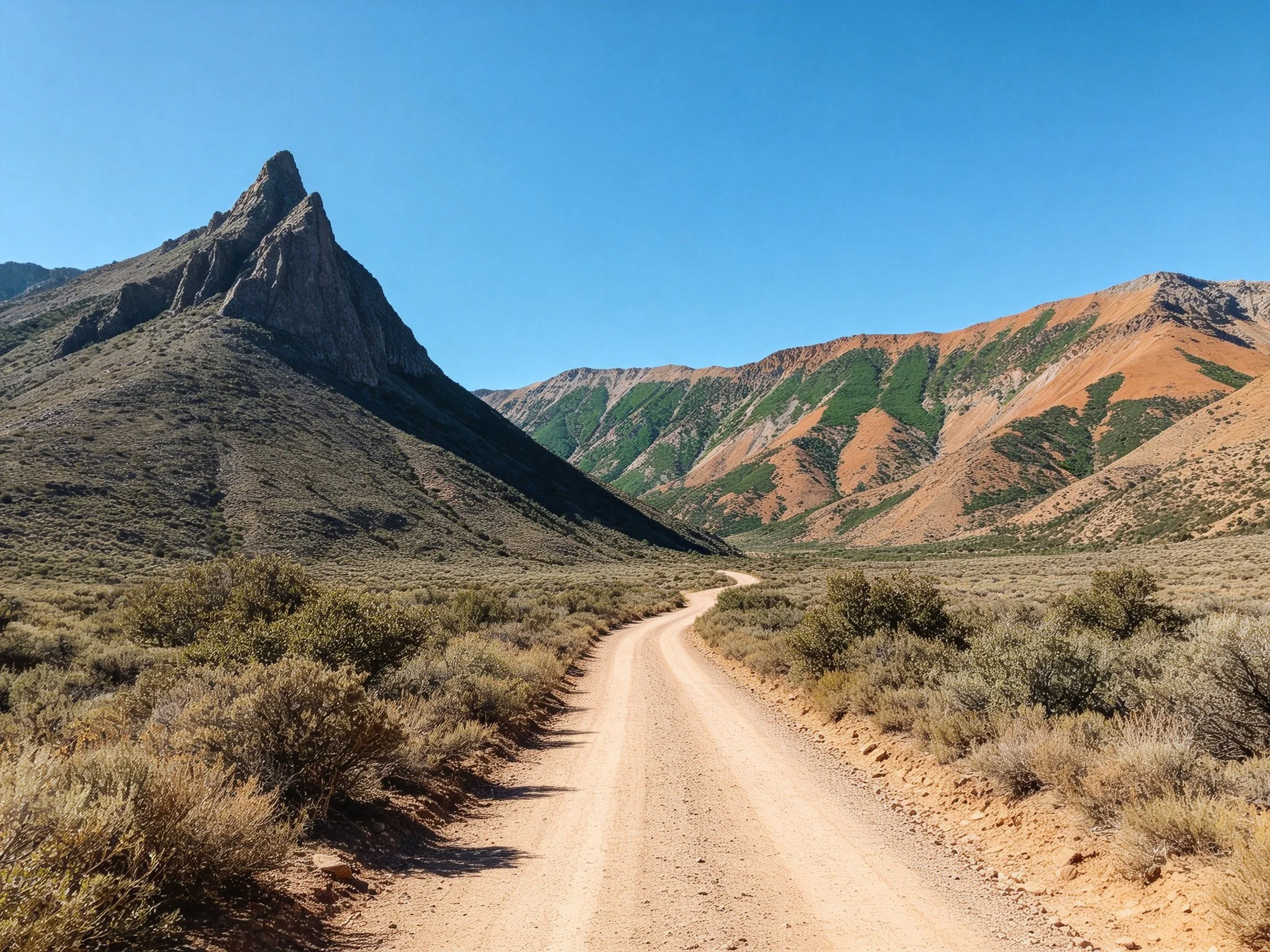 A winding dirt road through arid terrain with rugged brown and green mountains