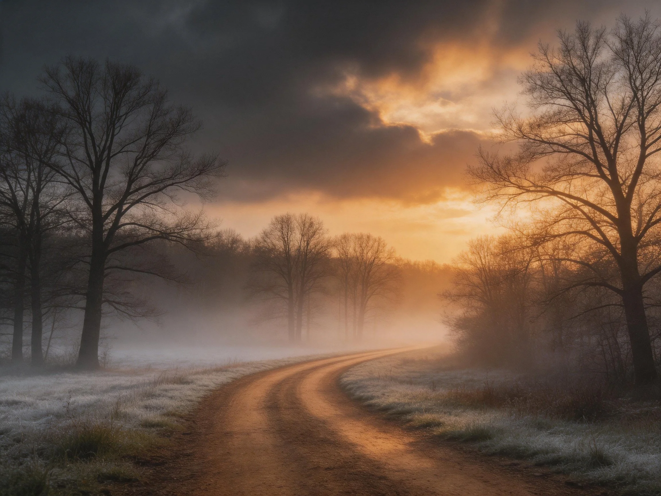 A winding dirt road through frosty woods at golden hour