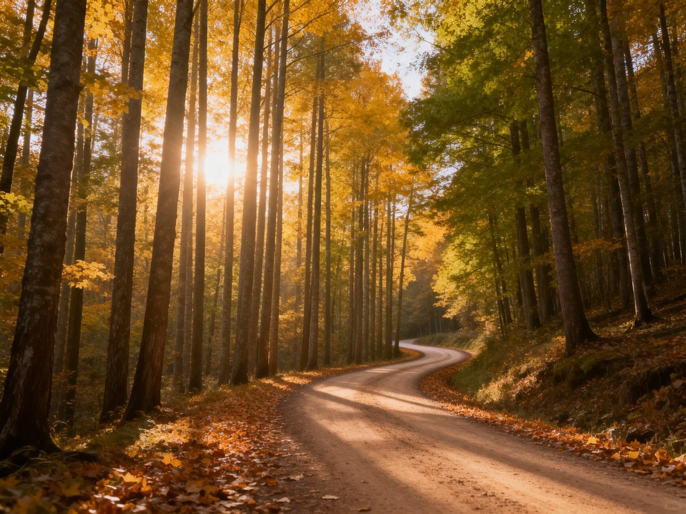 A winding dirt road through golden autumn forest with tall trees
