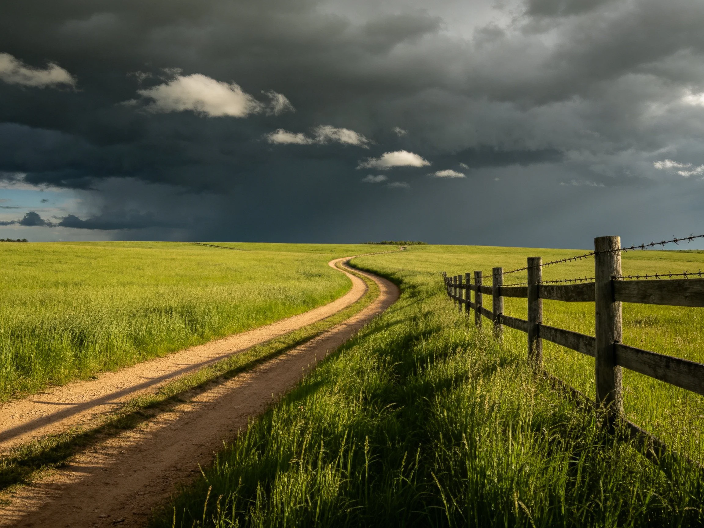 A winding dirt road through lush green fields under dramatic storm clouds