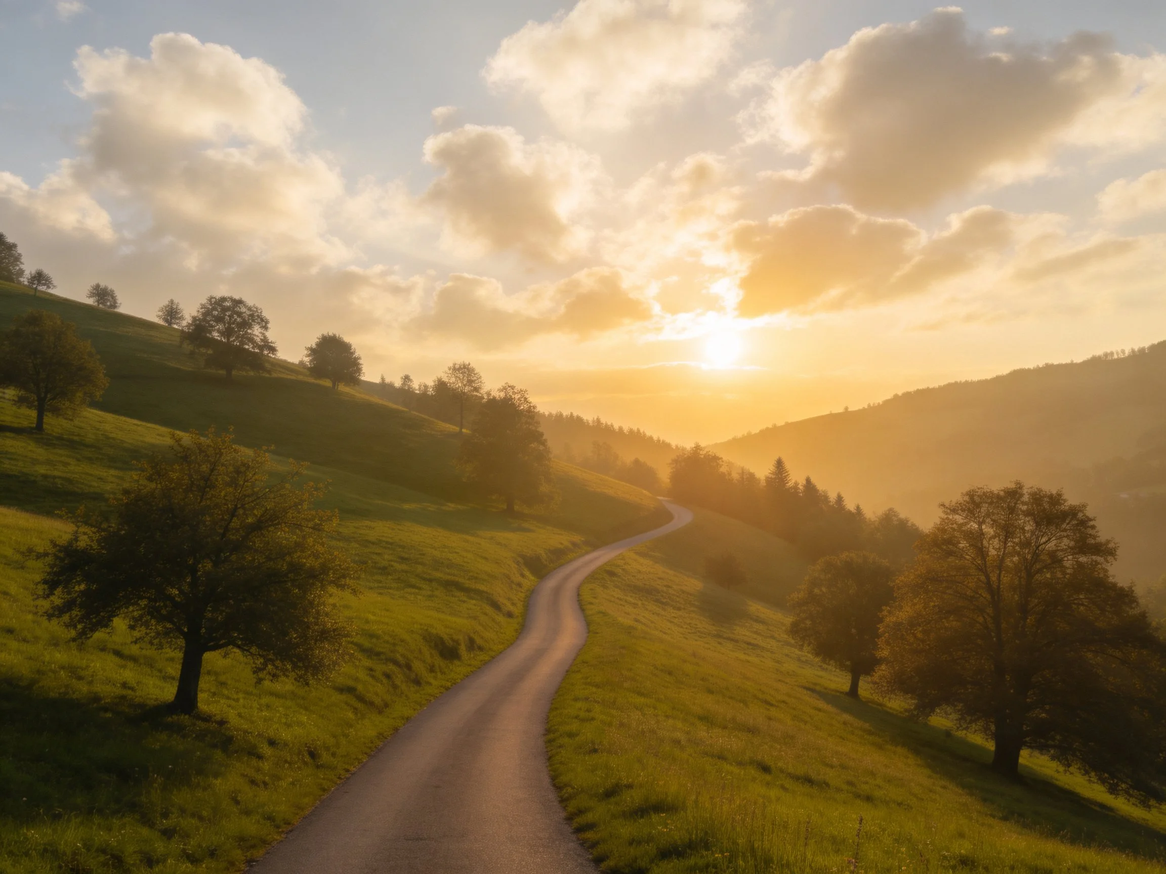 A winding dirt road through lush green hills under golden sunset light