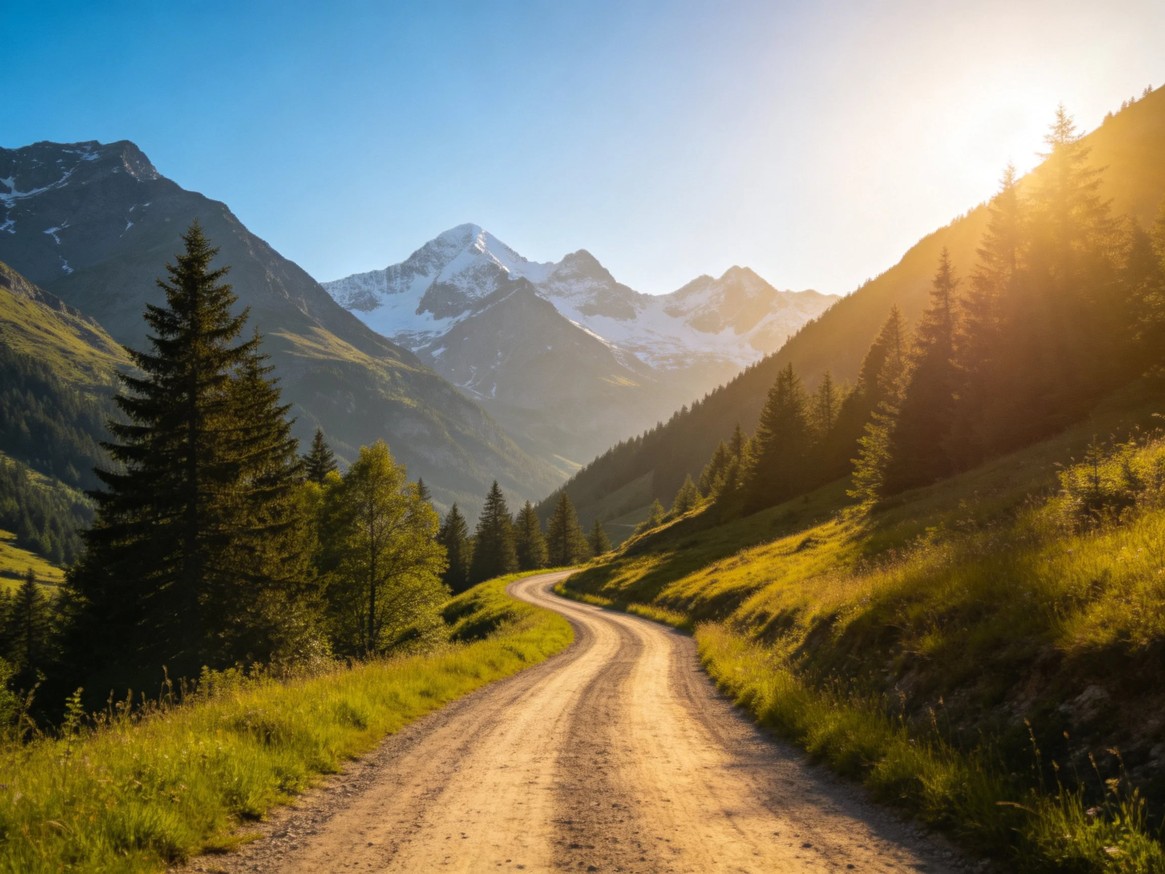 A winding dirt road through lush green valleys near snow-capped mountains
