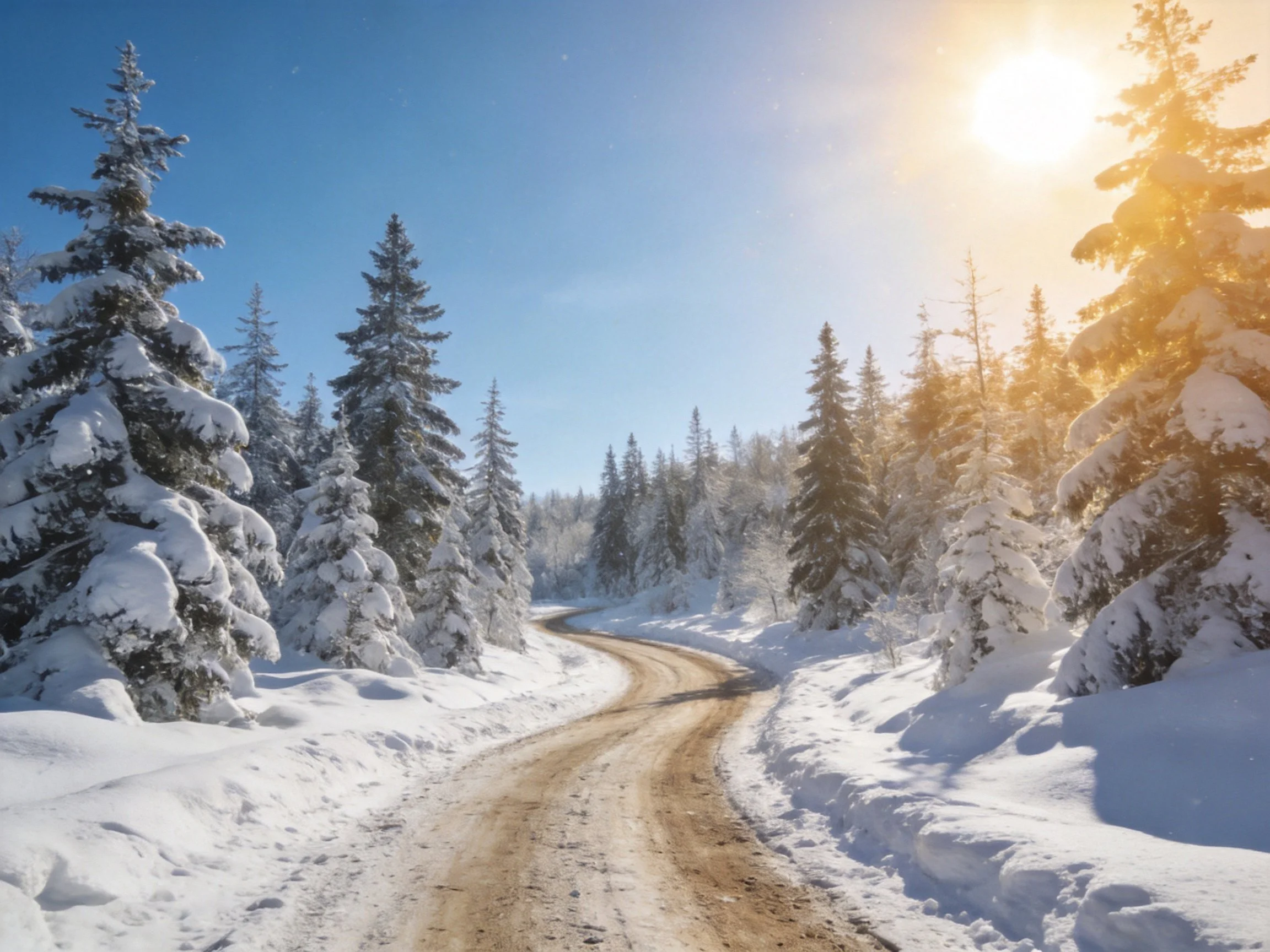 A winding dirt road through snow-draped evergreen forest under sunny skies