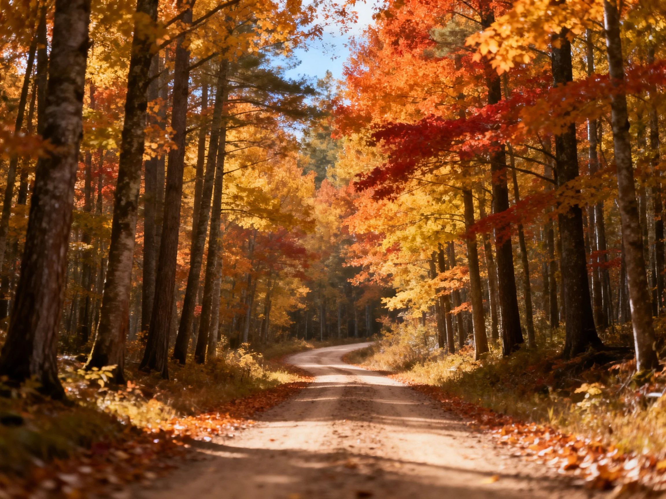 A winding dirt road through vibrant autumn-colored forest