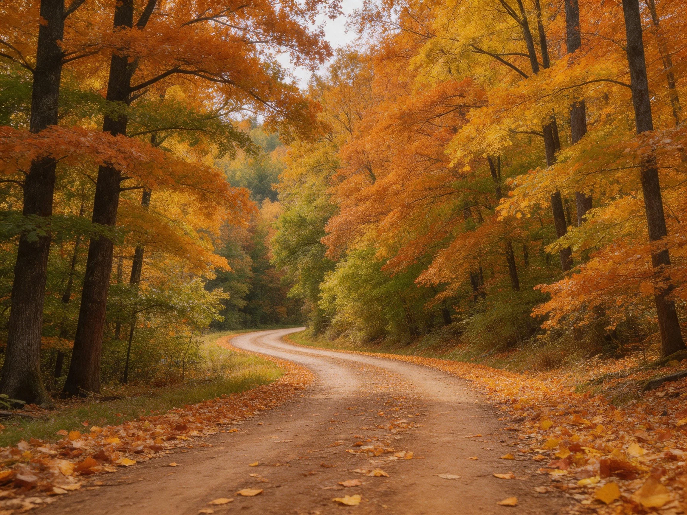 A winding dirt road through vibrant autumn foliage
