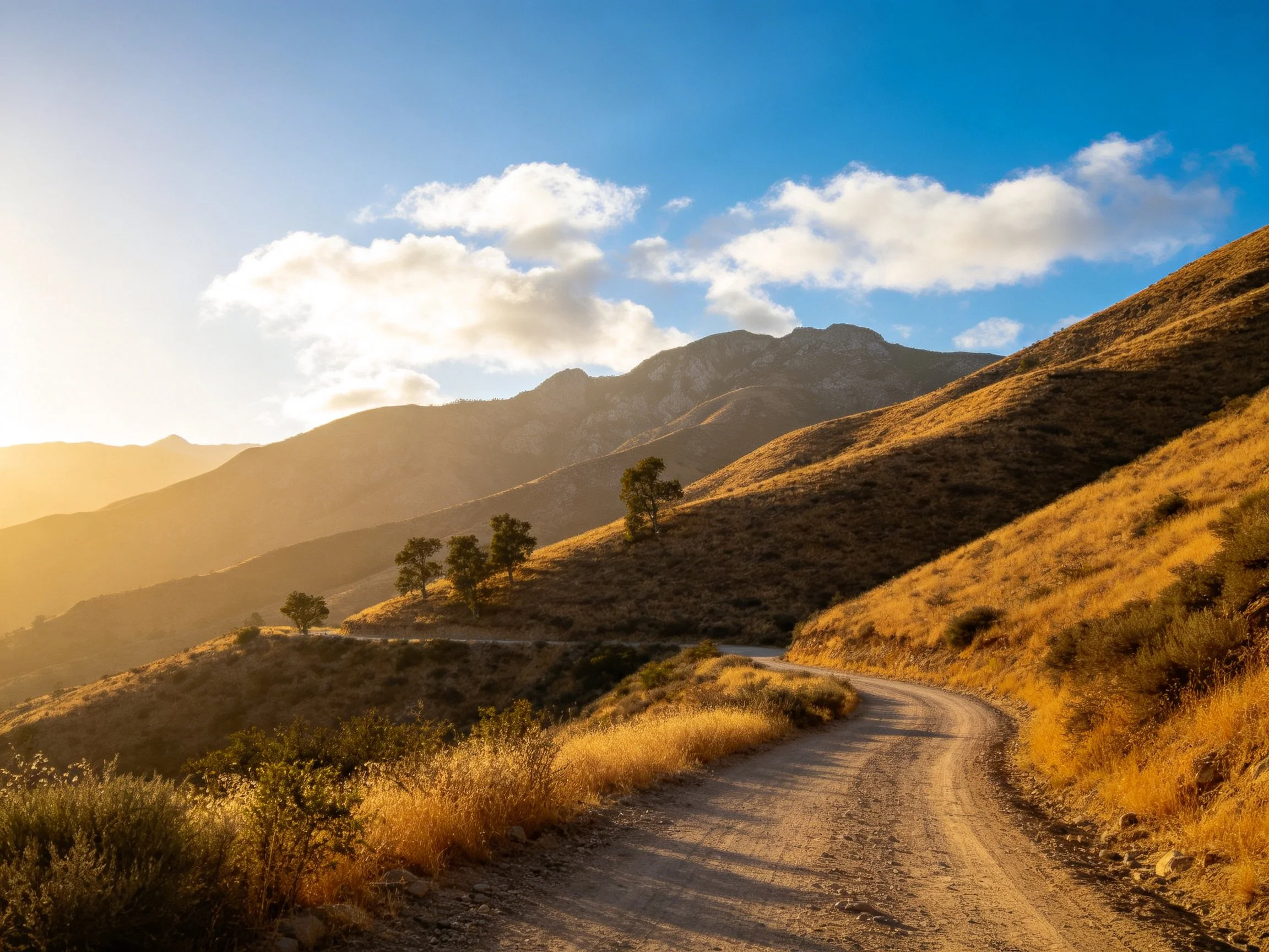 A winding dirt road winds through golden rolling hills toward distant mountains