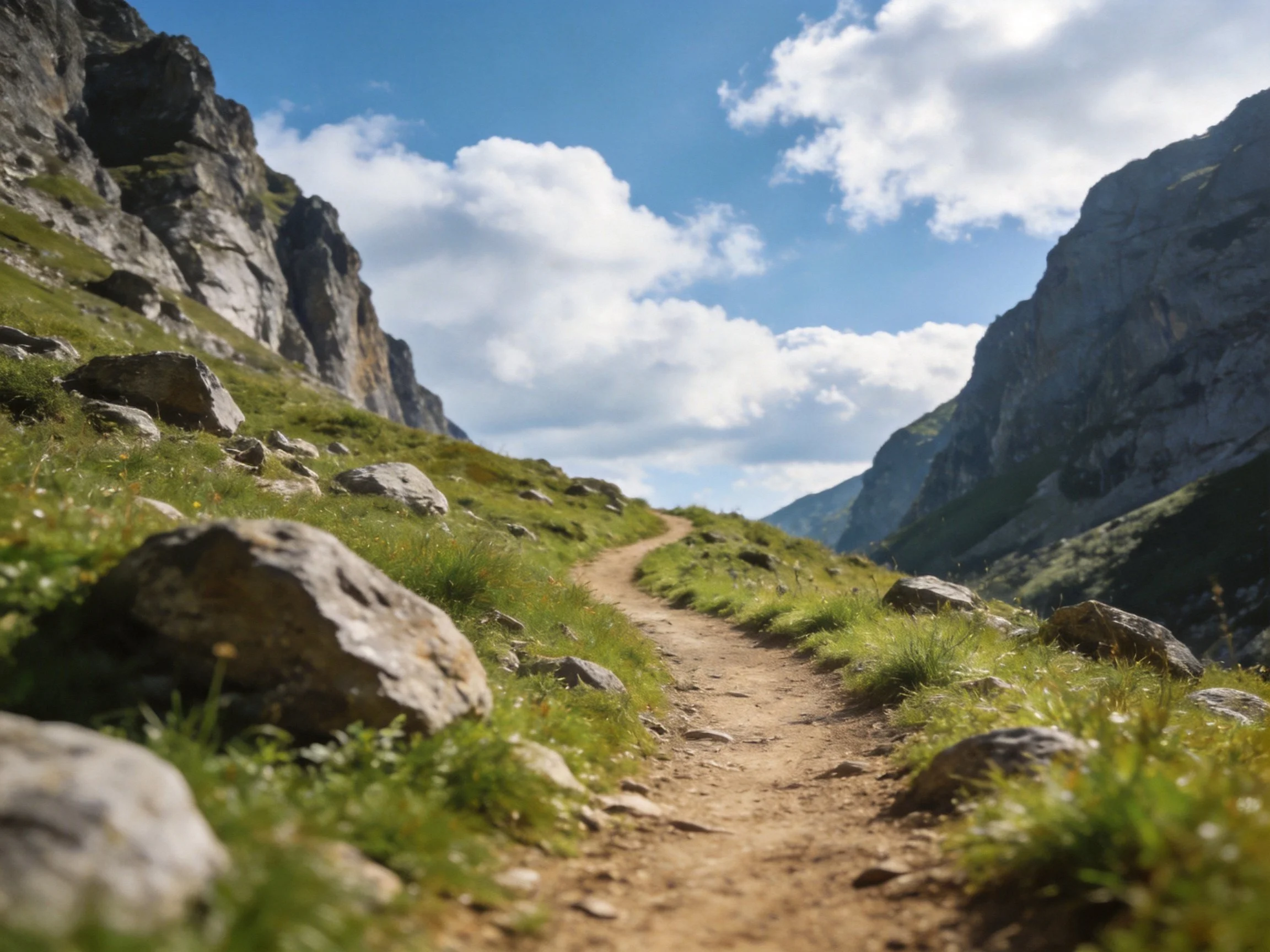 A winding dirt trail between rocky mountains and green slopes