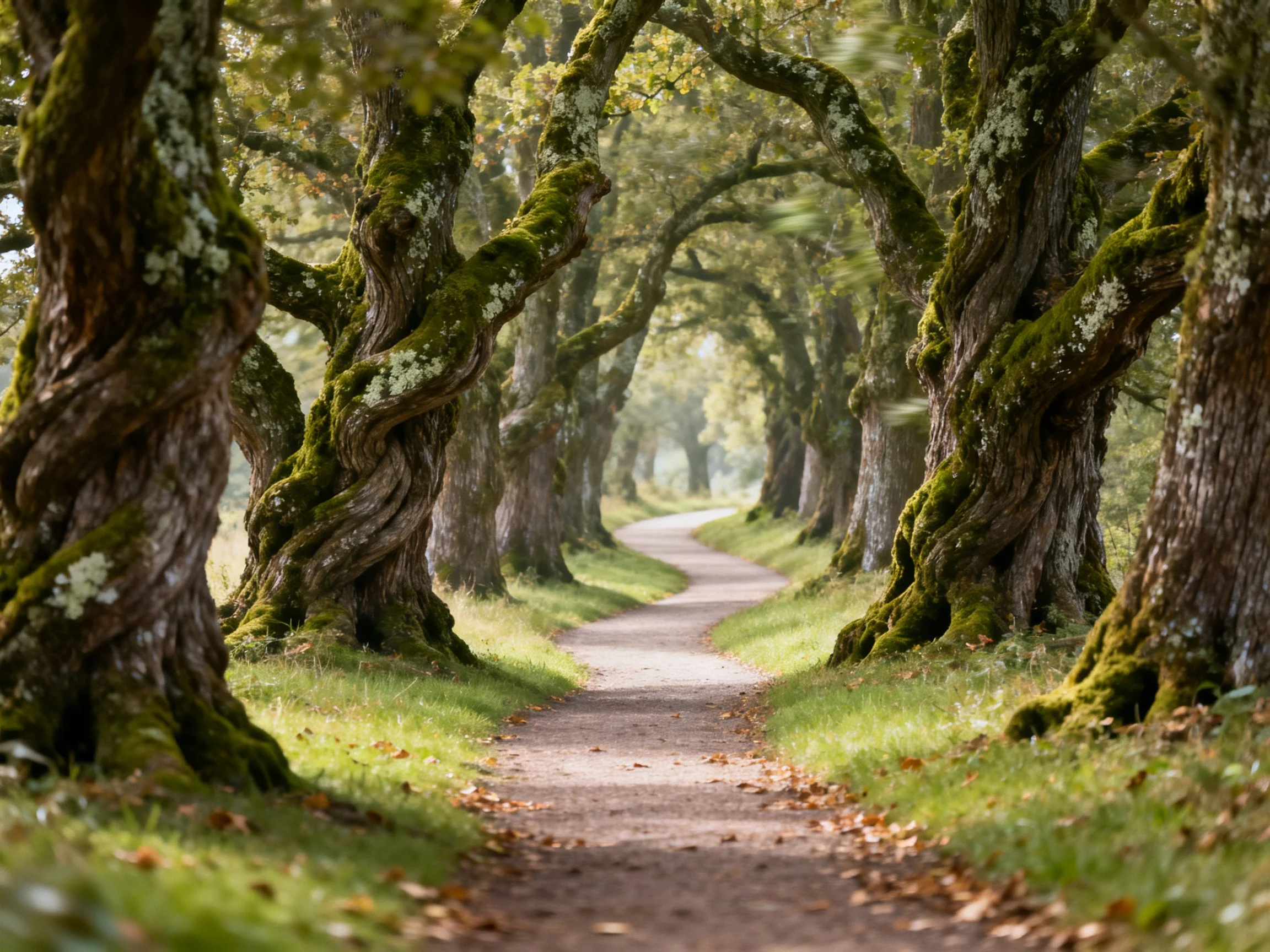 A winding forest path is lined by twisted ancient trees with mossy trunks