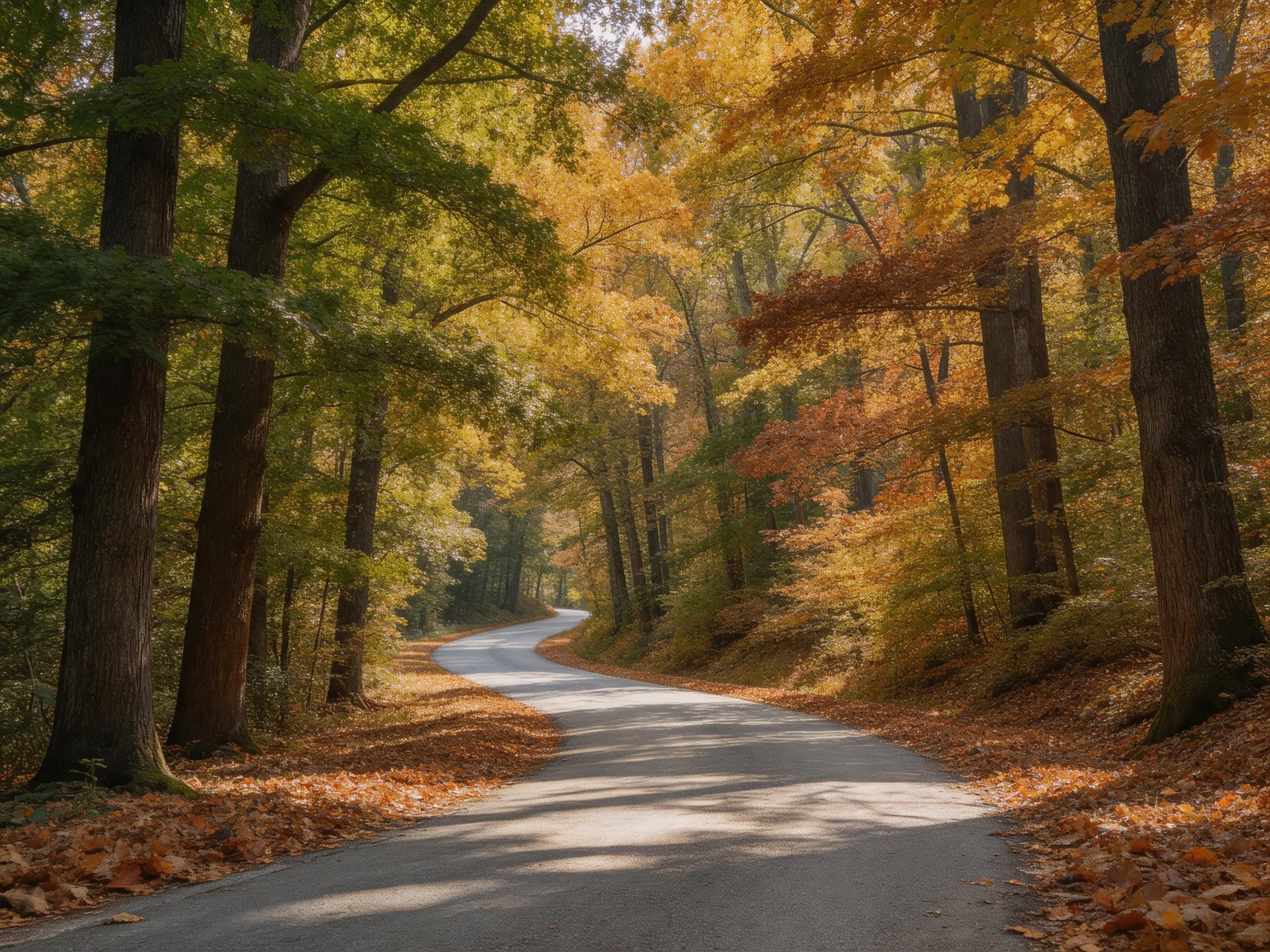 A winding forest path surrounded by golden autumn trees