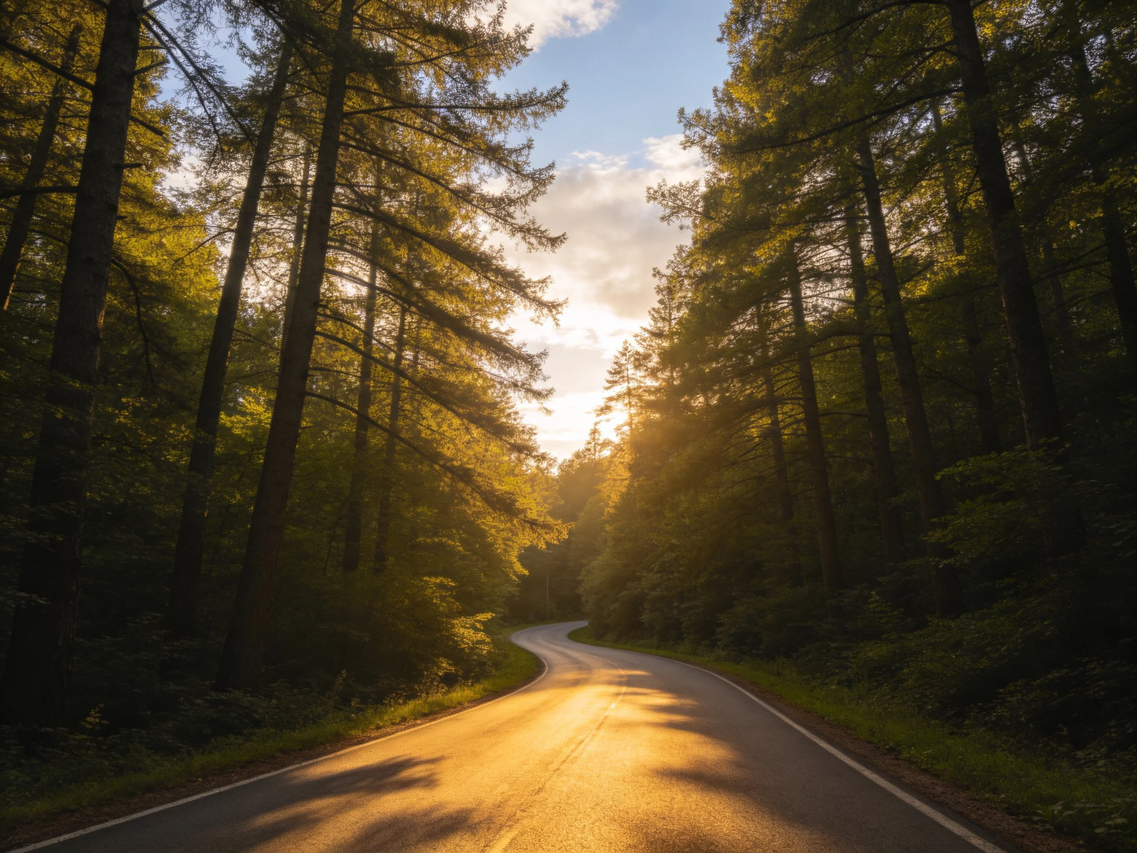A winding forest road bathed in golden sunlight among tall trees