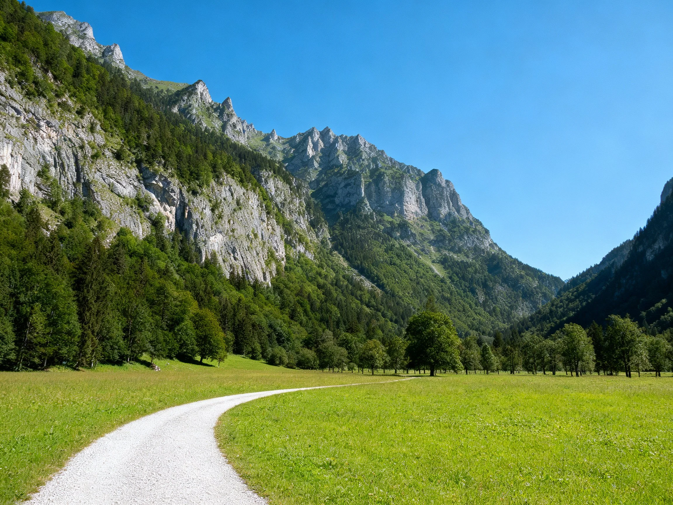 A winding gravel path leads toward towering rocky mountains