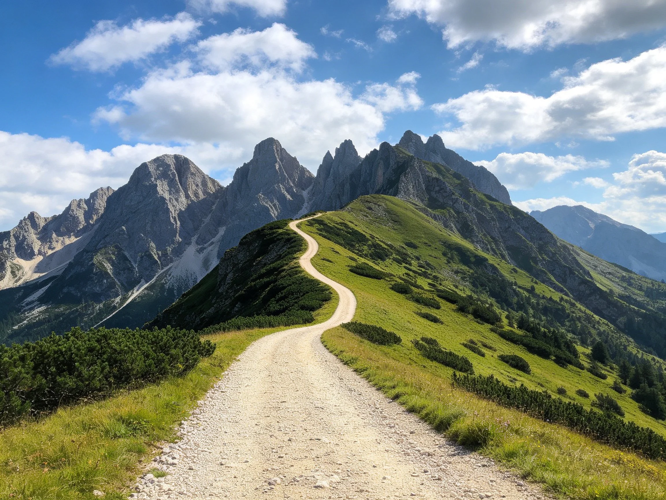 A winding gravel path leads up to rugged gray mountains under bright blue skies