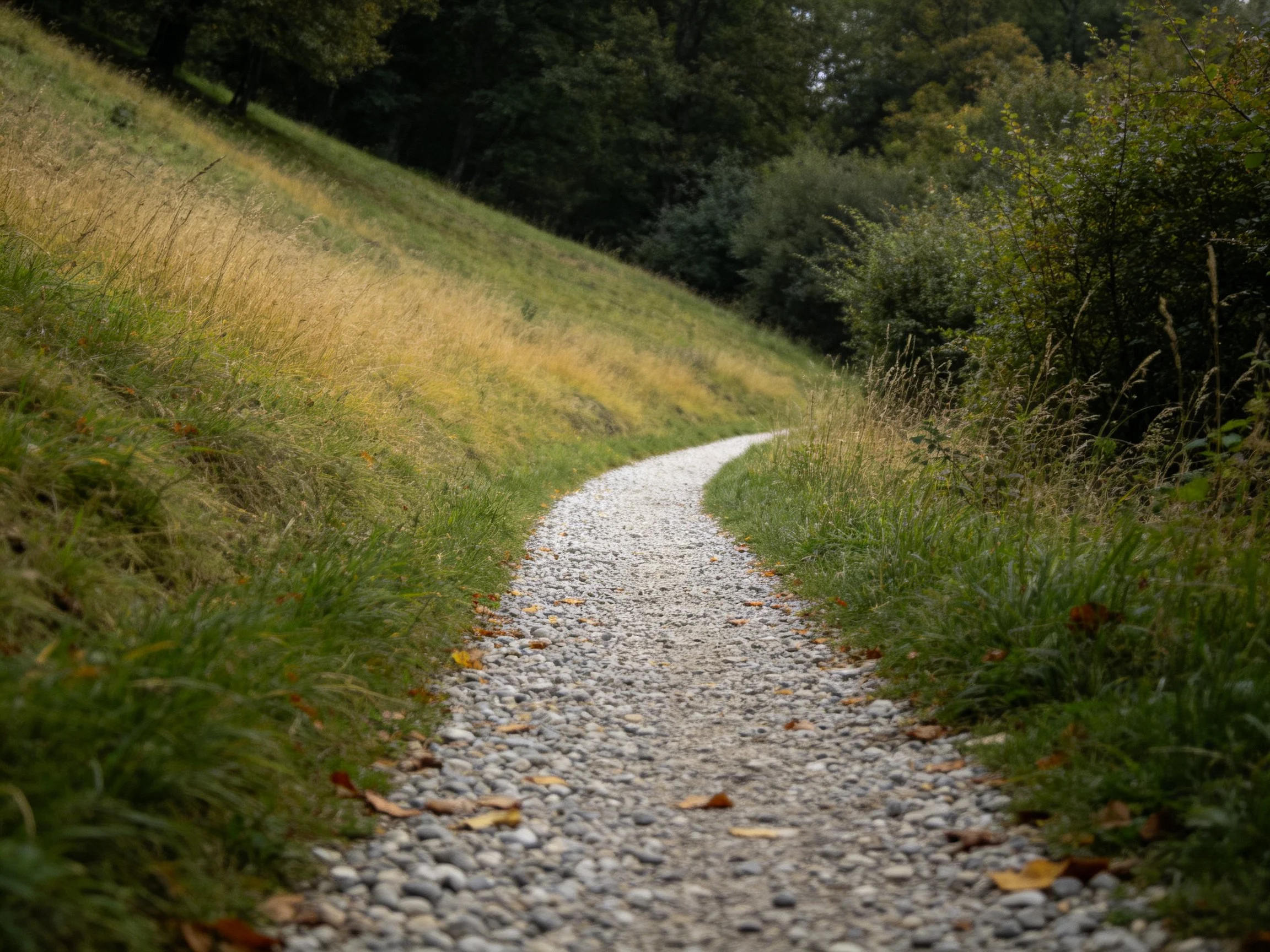 A winding gravel path through a grassy, wooded hillside